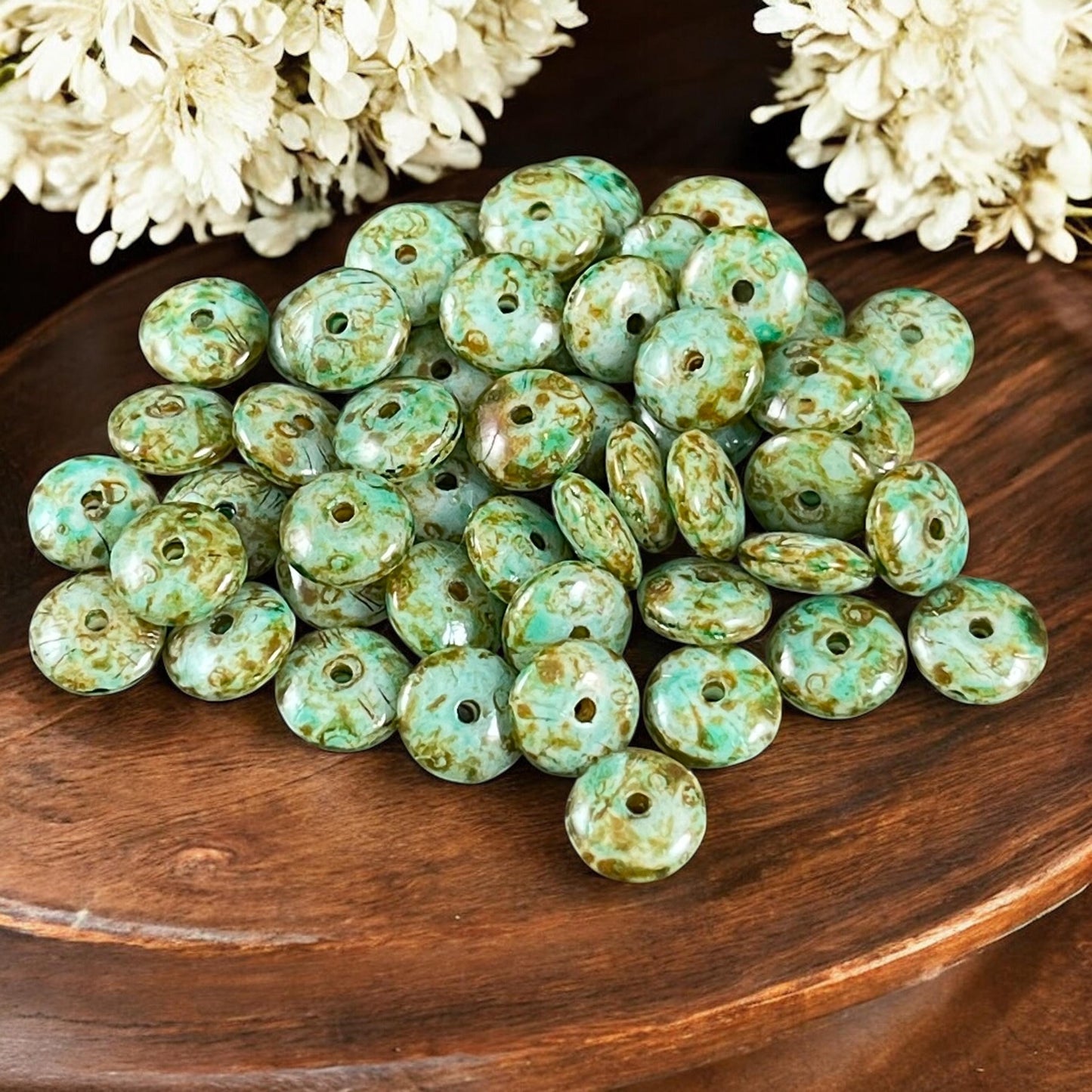 Czech Glass Beads - 6x2mm Heishi Rondelle, Sea Green with Picasso Finish (DSC/N-0422) * Qty. 50
