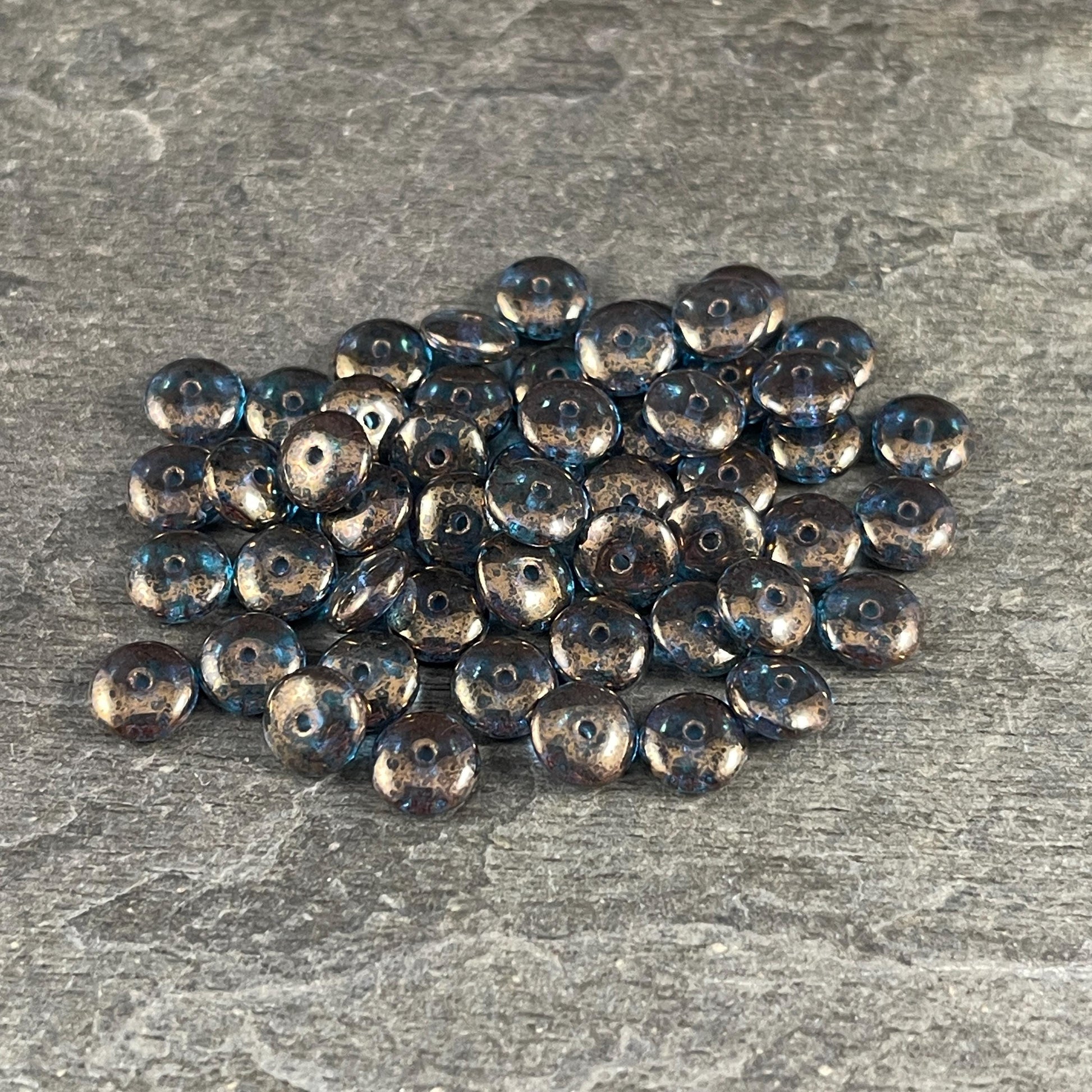 Czech Glass Beads - 6x2mm Heishi Rondelle, Transparent Sapphire with Gold Finish (DSC/N-0445) * Qty. 50