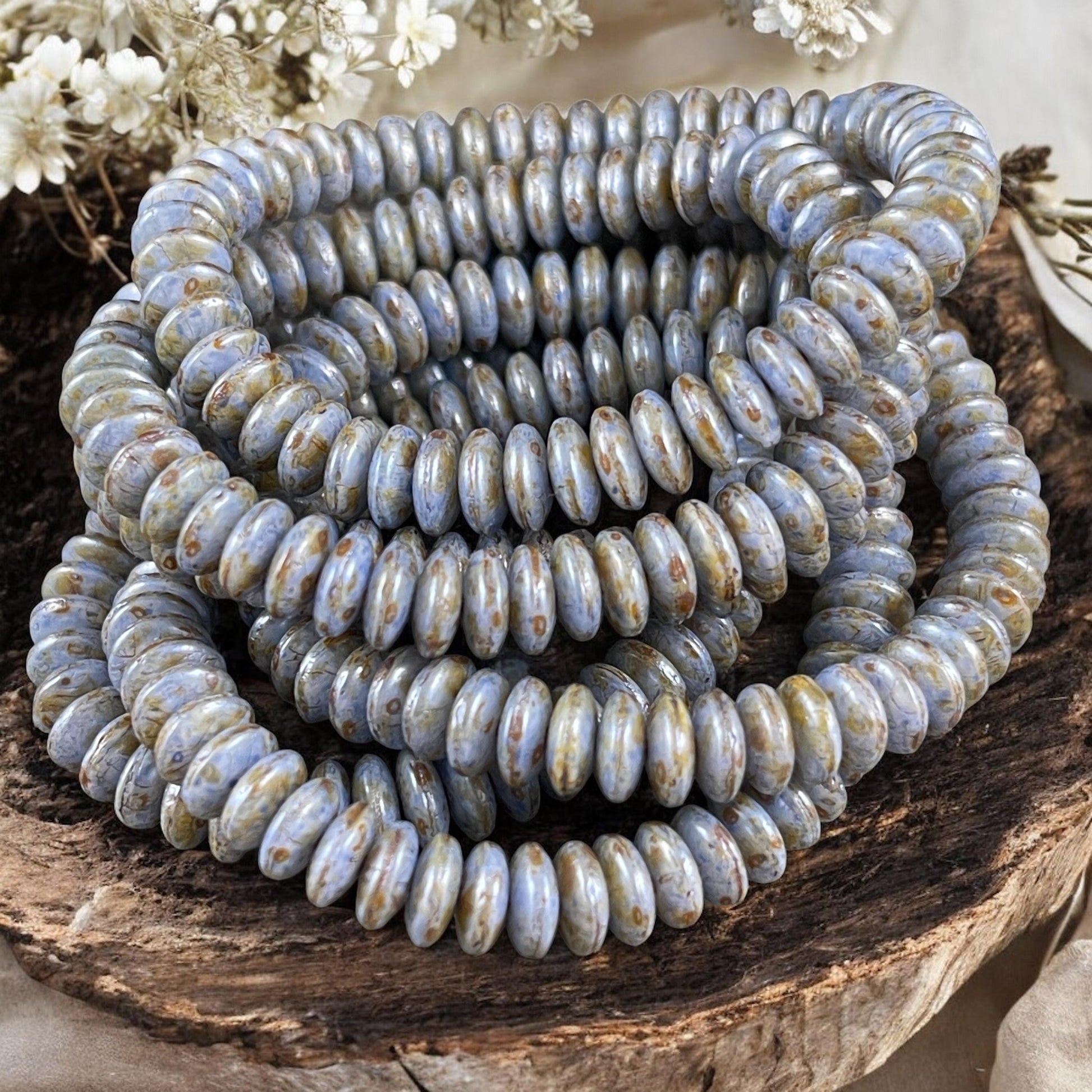 Czech Glass Beads - 6x2mm Heishi Rondelle, Cornflower Blue Picasso (DSC/N-0534) * Qty. 50