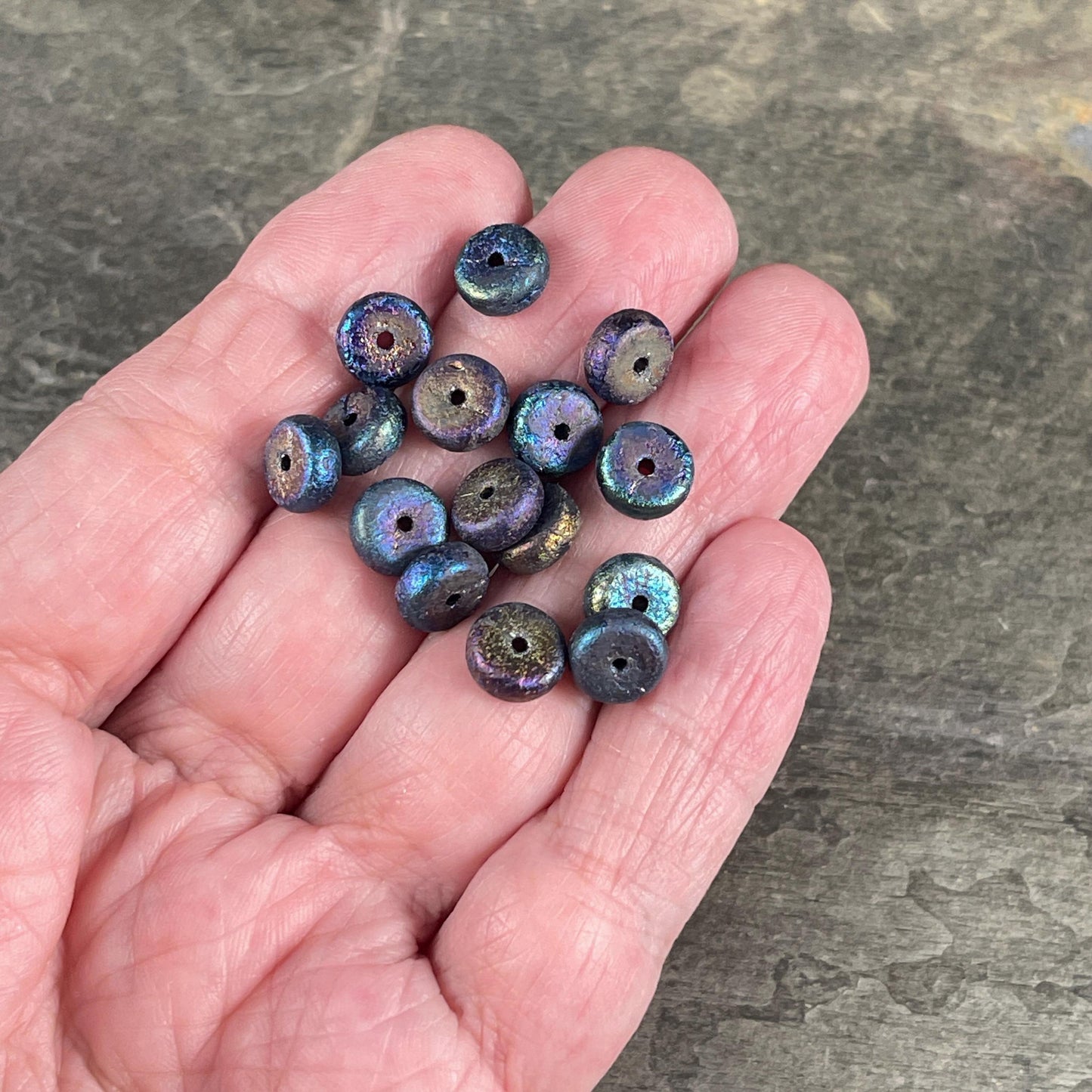 Czech Glass Beads, 4x8mm Blue Iris Heishi Rondelle, Etched Mother of Pearl Iridescent Beads (HSH/N-1941) * 25 Beads