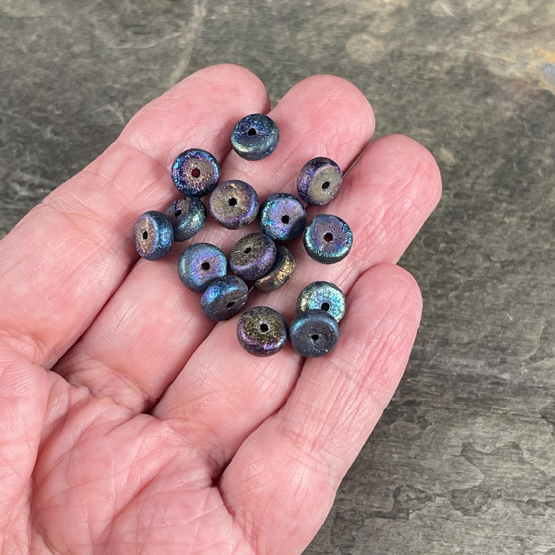 Czech Glass Beads, 4x8mm Blue Iris Heishi Rondelle, Etched Mother of Pearl Iridescent Beads (HSH/N-1941) * 25 Beads
