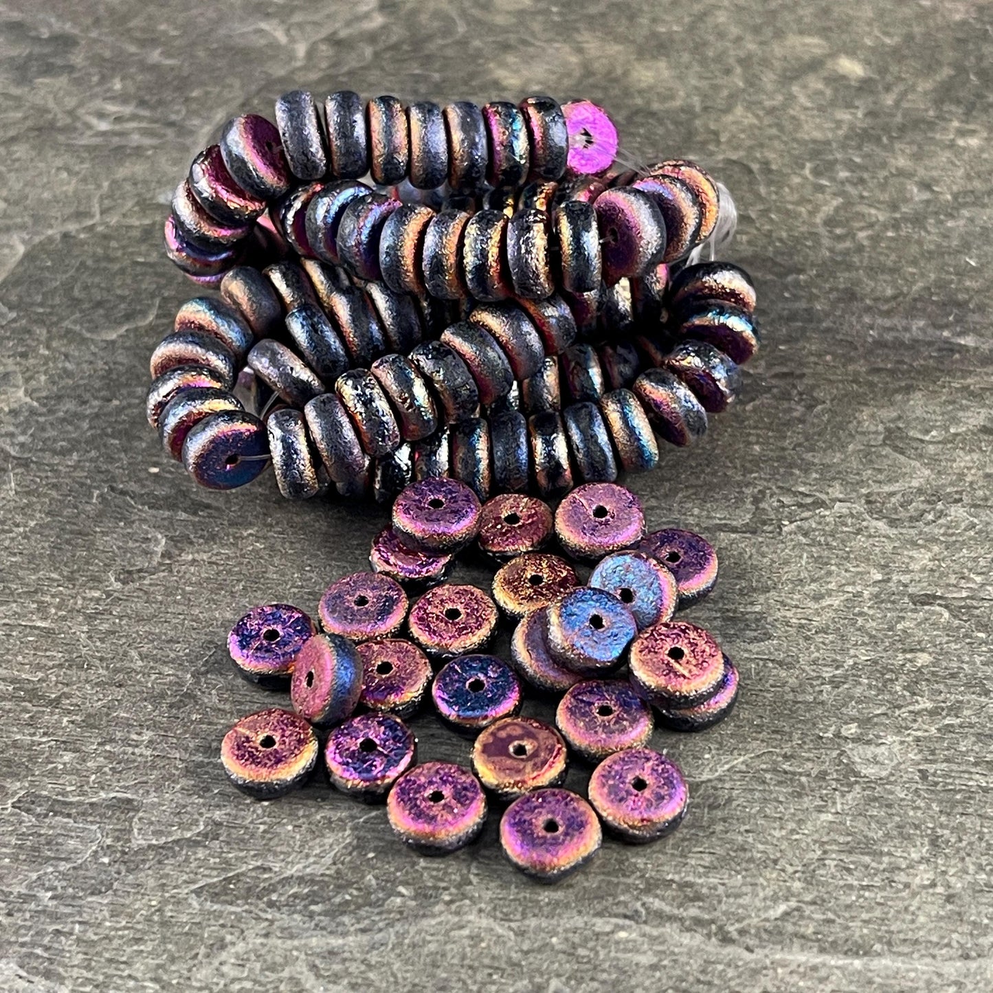 Czech Glass Beads, 4x8mm Rondelle, Etched Black with Metallic Volcano Finish (HSH/N-0191) * 25 Beads