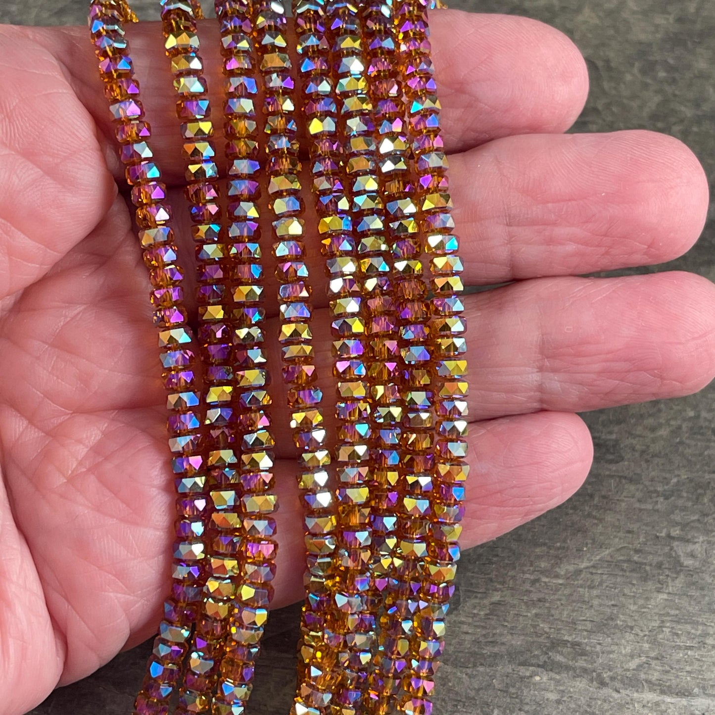 Faceted Glass Beads - 4x2.5mm Heishi Rondelles, Topaz with AB Finish (TopazAB) * 7" Strand