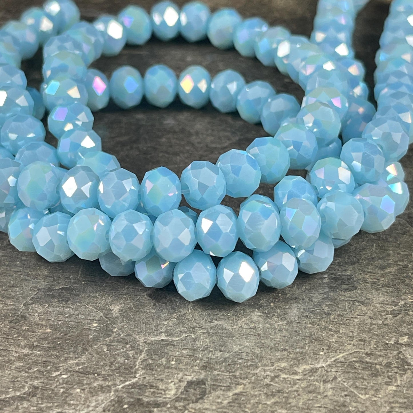 Baby Blue 8x6mm Rondelle, Pastel Blue Faceted Glass Beads with AB Finish (PastelBlueAB-8) * 36 Beads