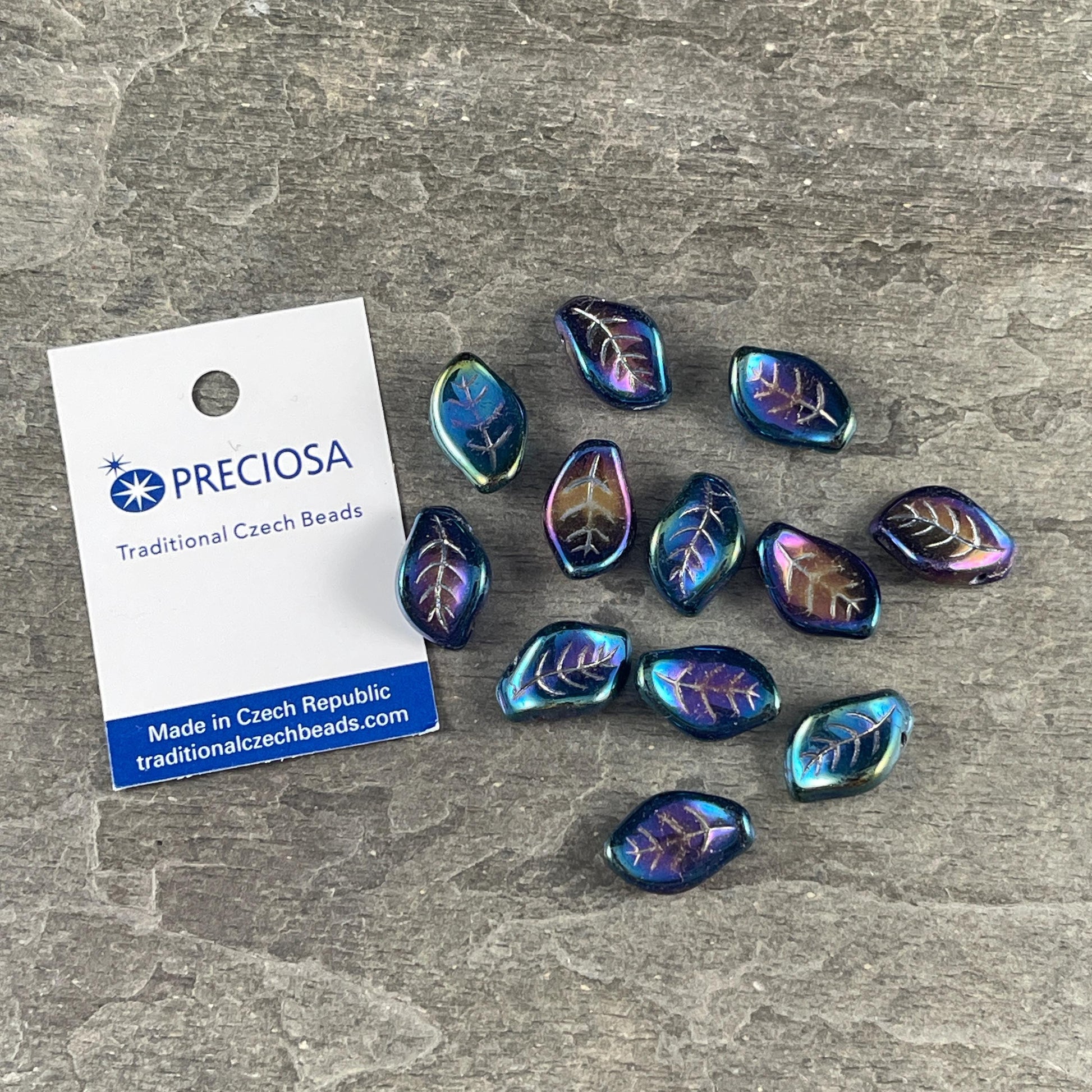 Czech Glass Beads - 15x10mm Wavy Briolette Leaf, Metallic Blue Iris Leaf Bead (FMG-7685MD) * Qty. 12