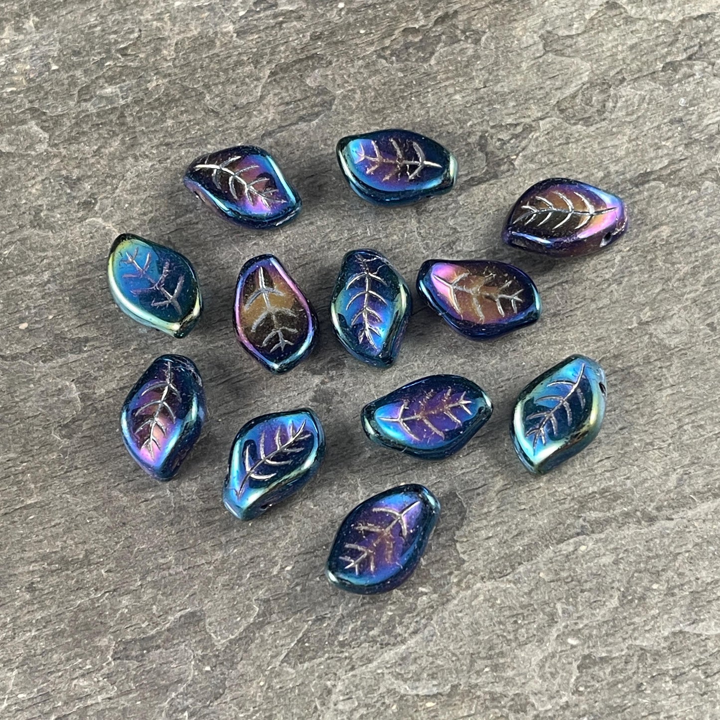 Czech Glass Beads - 15x10mm Wavy Briolette Leaf, Metallic Blue Iris Leaf Bead (FMG-7685MD) * Qty. 12