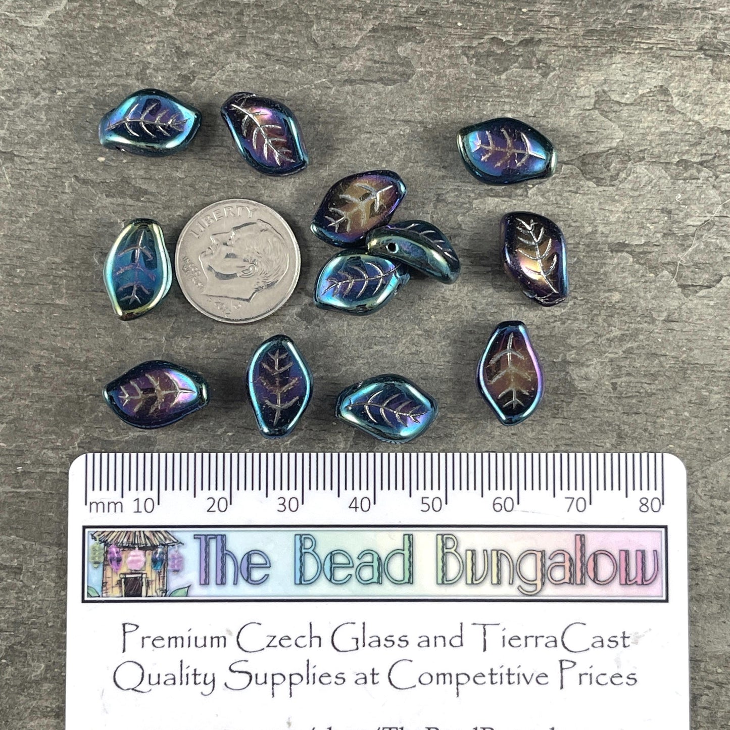 Czech Glass Beads - 15x10mm Wavy Briolette Leaf, Metallic Blue Iris Leaf Bead (FMG-7685MD) * Qty. 12