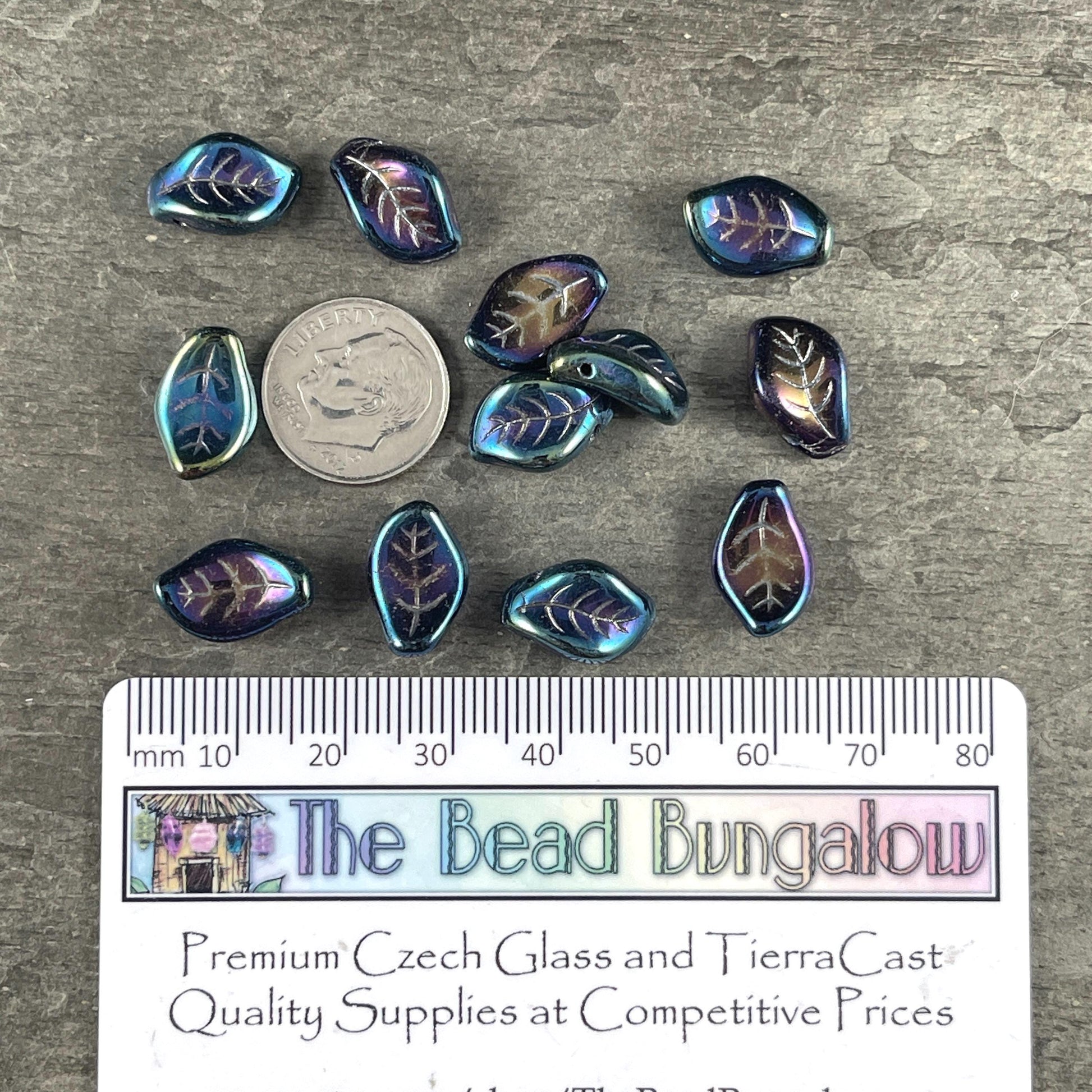 Czech Glass Beads - 15x10mm Wavy Briolette Leaf, Metallic Blue Iris Leaf Bead (FMG-7685MD) * Qty. 12