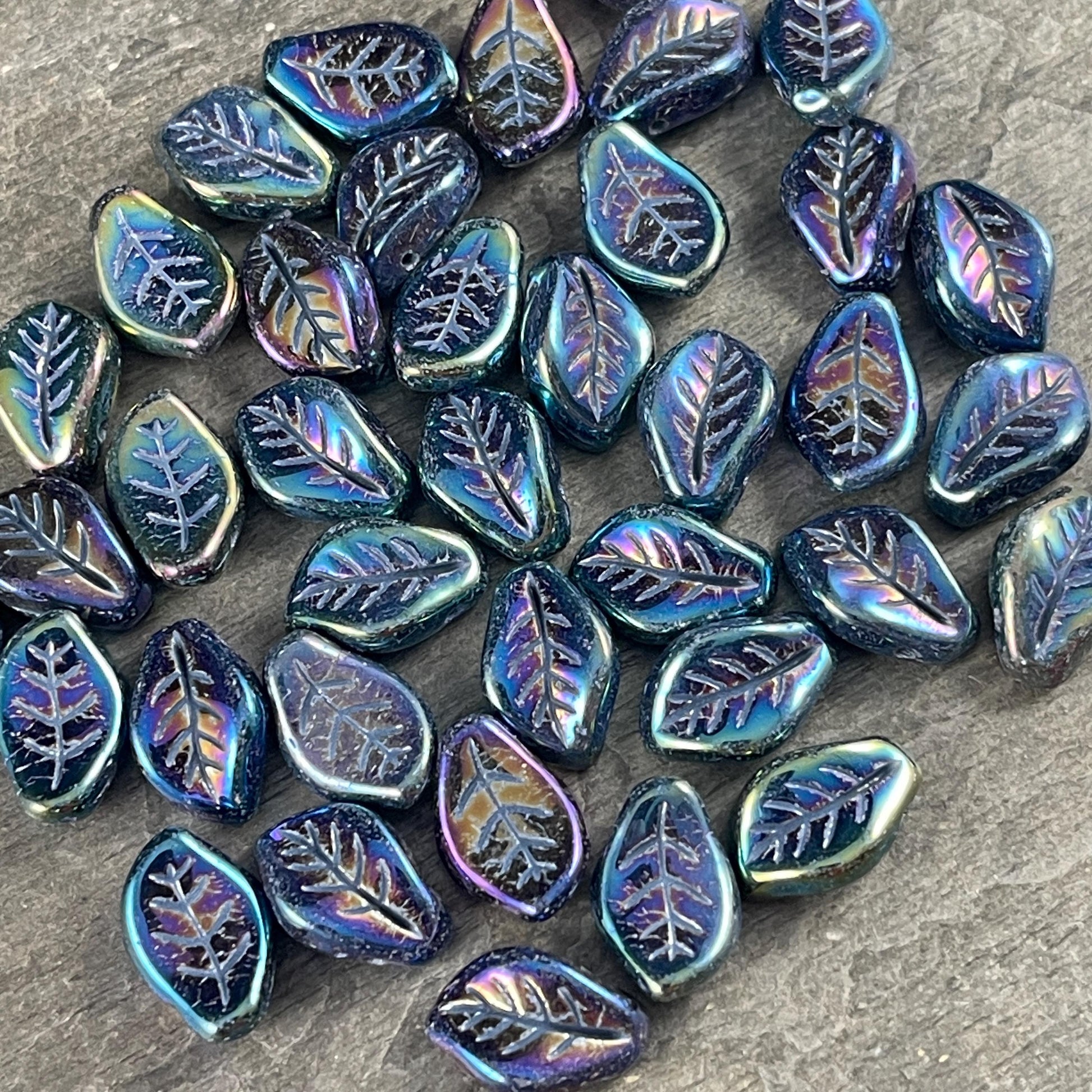Czech Glass Beads - 15x10mm Wavy Briolette Leaf, Metallic Green Iris Leaf Bead (FMG-7686MD) * Qty. 12