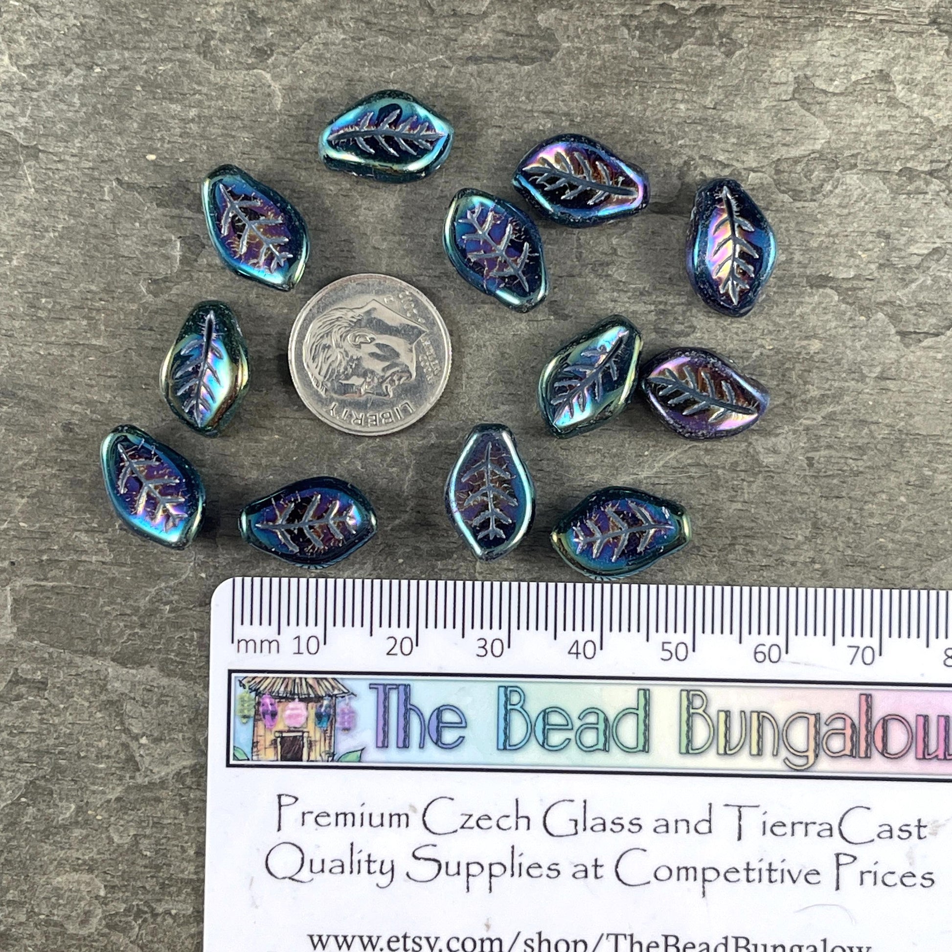 Czech Glass Beads - 15x10mm Wavy Briolette Leaf, Metallic Green Iris Leaf Bead (FMG-7686MD) * Qty. 12