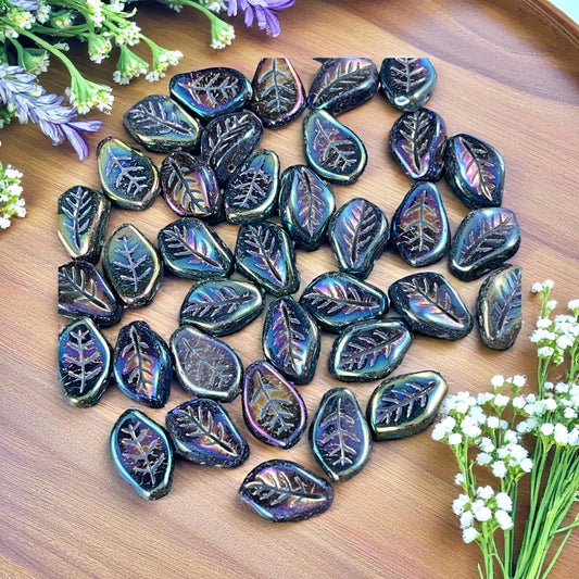 Czech Glass Beads - 15x10mm Wavy Briolette Leaf, Metallic Green Iris Leaf Bead (FMG-7686MD) * Qty. 12