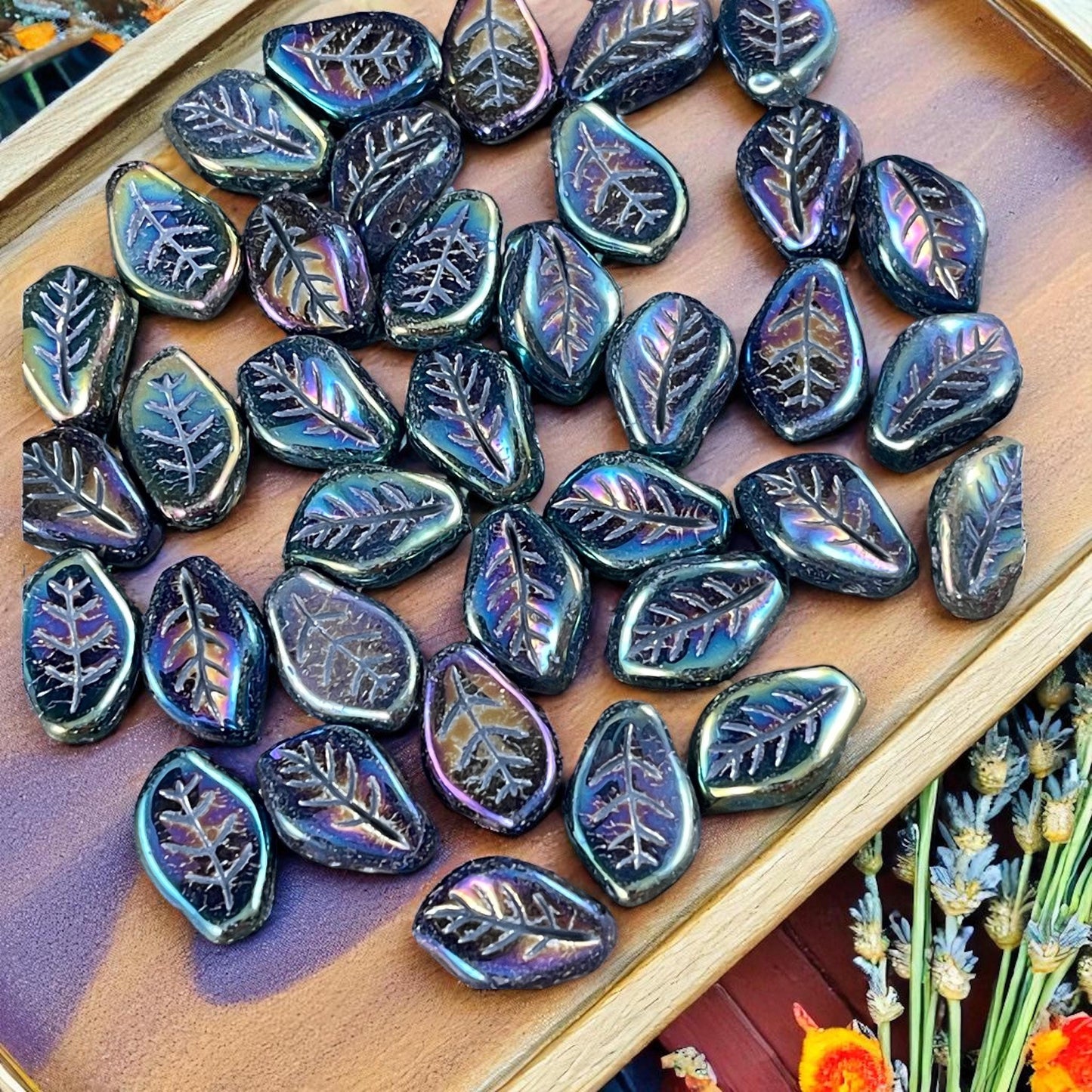 Czech Glass Beads - 15x10mm Wavy Briolette Leaf, Metallic Green Iris Leaf Bead (FMG-7686MD) * Qty. 12
