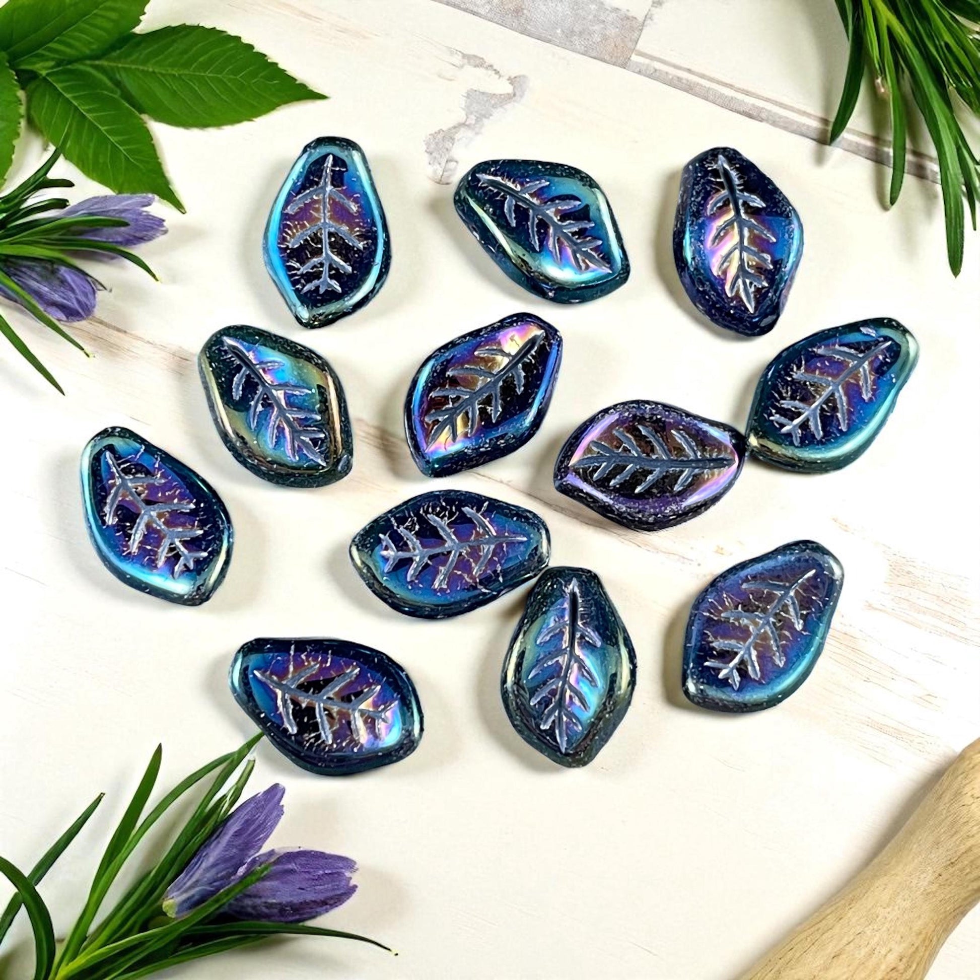 Czech Glass Beads - 15x10mm Wavy Briolette Leaf, Metallic Green Iris Leaf Bead (FMG-7686MD) * Qty. 12