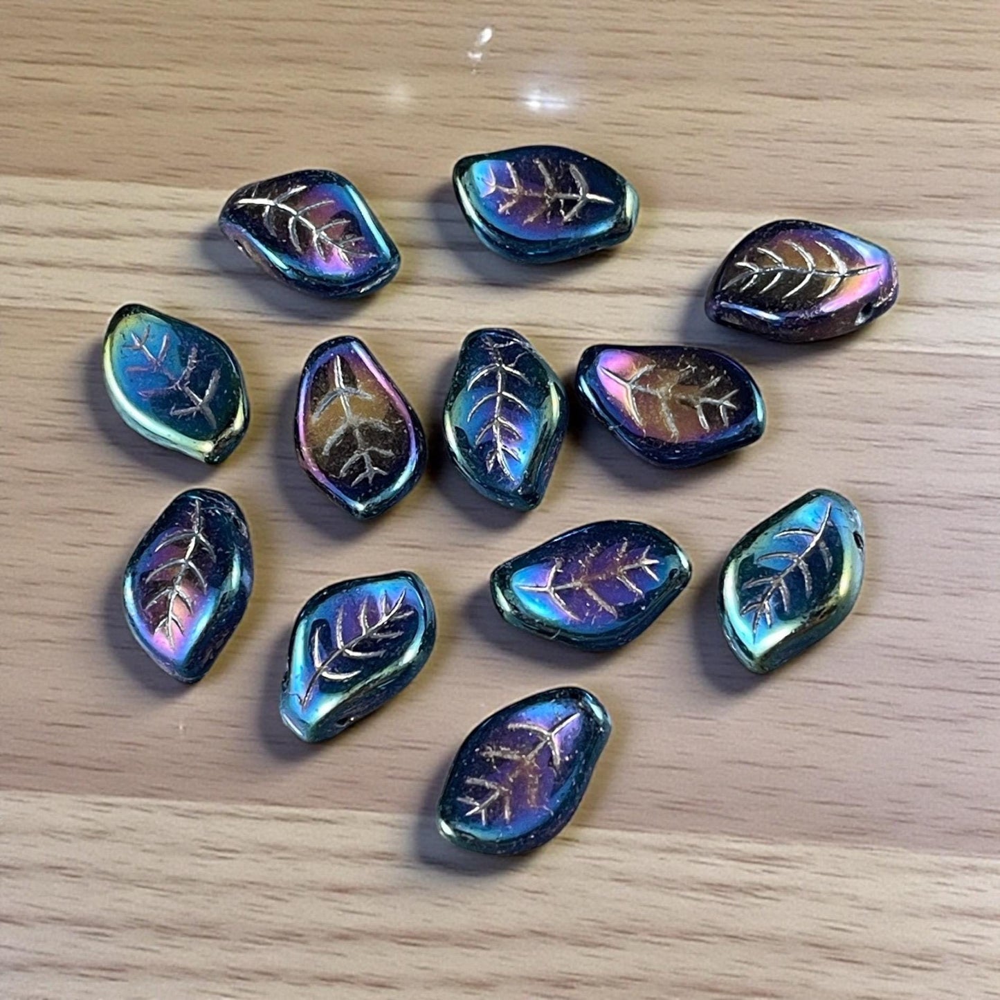 Czech Glass Beads - 15x10mm Wavy Briolette Leaf, Metallic Blue Iris Leaf Bead (FMG-7685MD) * Qty. 12