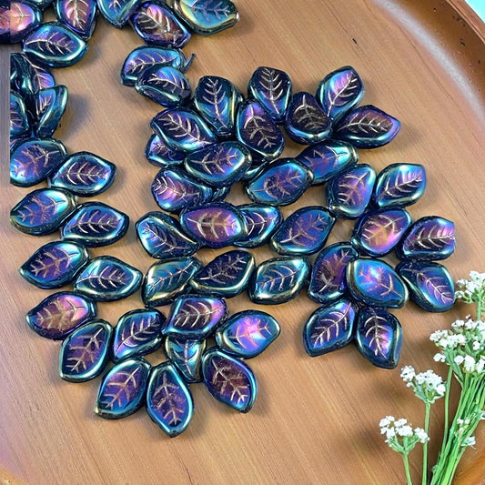 Czech Glass Beads - 15x10mm Wavy Briolette Leaf, Metallic Blue Iris Leaf Bead (FMG-7685MD) * Qty. 12