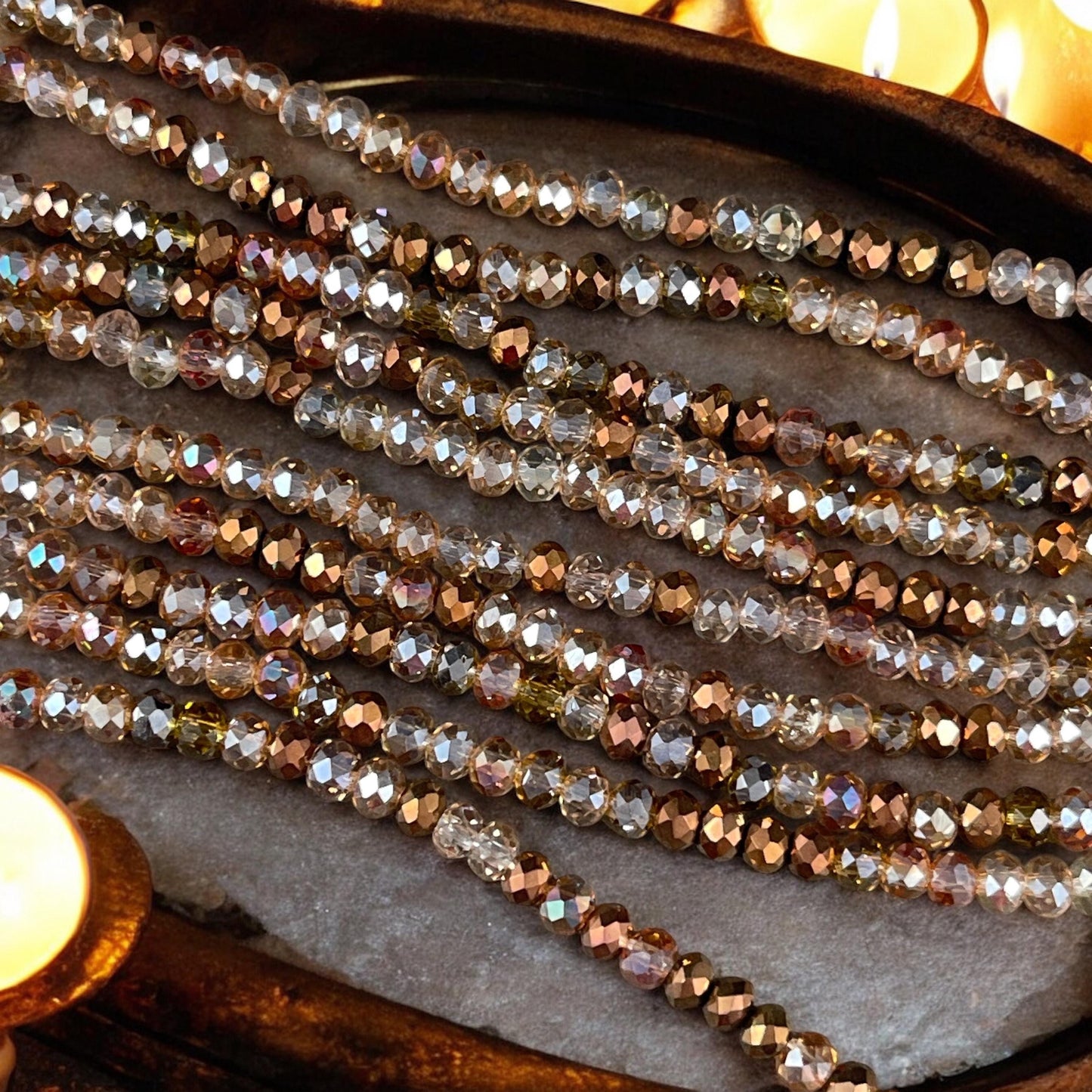 Tiny Mixed Glass Beads, Bronze, Honey Gold and Topaz 3x2mm Faceted Glass Beads (Glitzy Gold) - 15" Strand