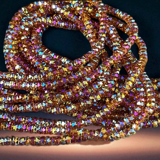 Faceted Glass Beads - 4x2.5mm Heishi Rondelles, Topaz with AB Finish (TopazAB) * 7" Strand