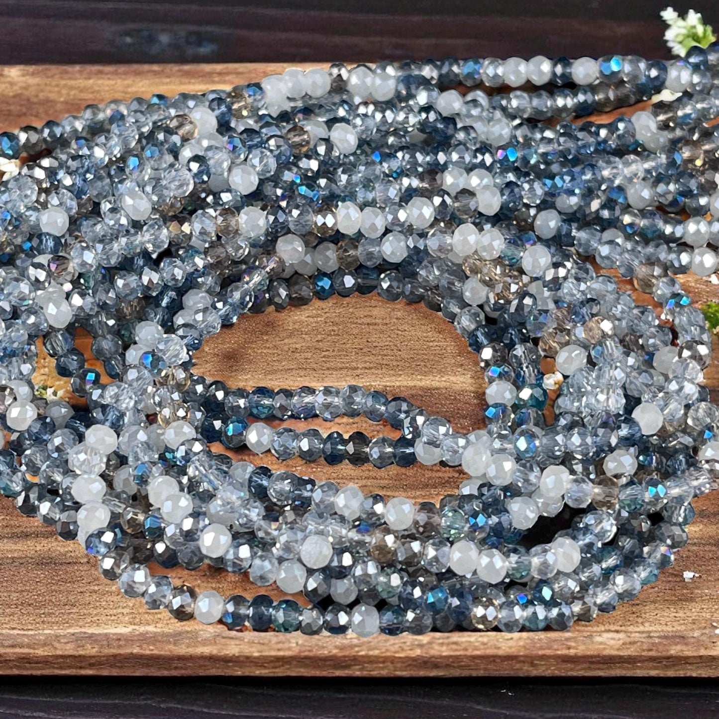 Tiny Mixed Glass Beads, Sapphire and Light Blue 3x2mm Faceted Glass Beads (Denim Blues) - 15" Strand