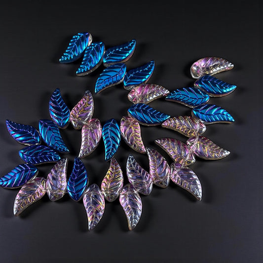 Glass Leaf Beads - Metallic Blue Vitrail, 18x8mm Top Drilled Curved Leaf Beads (3231GL) * Qty. 12 beads