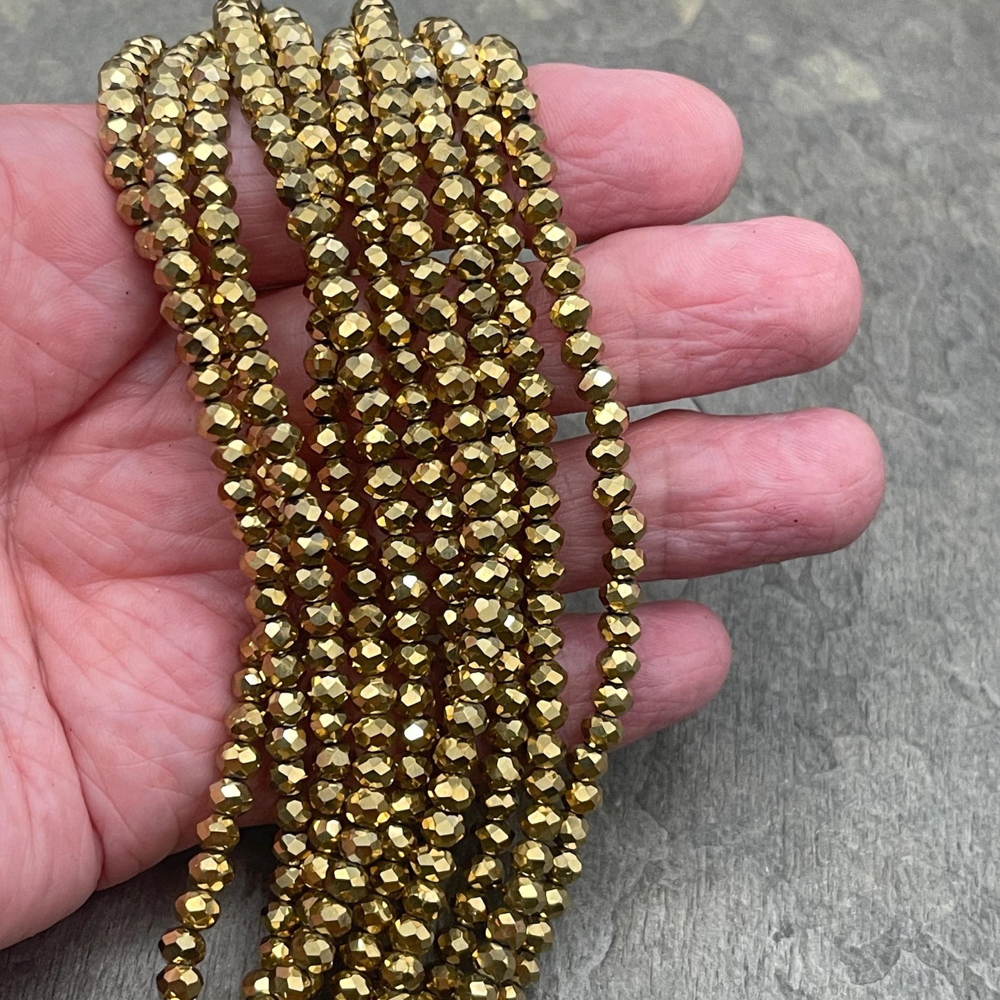 Metallic Antiqued Gold 4mm Faceted Glass Beads, Electroplated Gold Rondelles (AntiquedGold-4) * 100 Beads