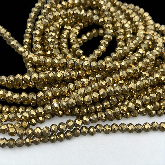 Metallic Antiqued Gold 4mm Faceted Glass Beads, Electroplated Gold Rondelles (AntiquedGold-4) * 100 Beads