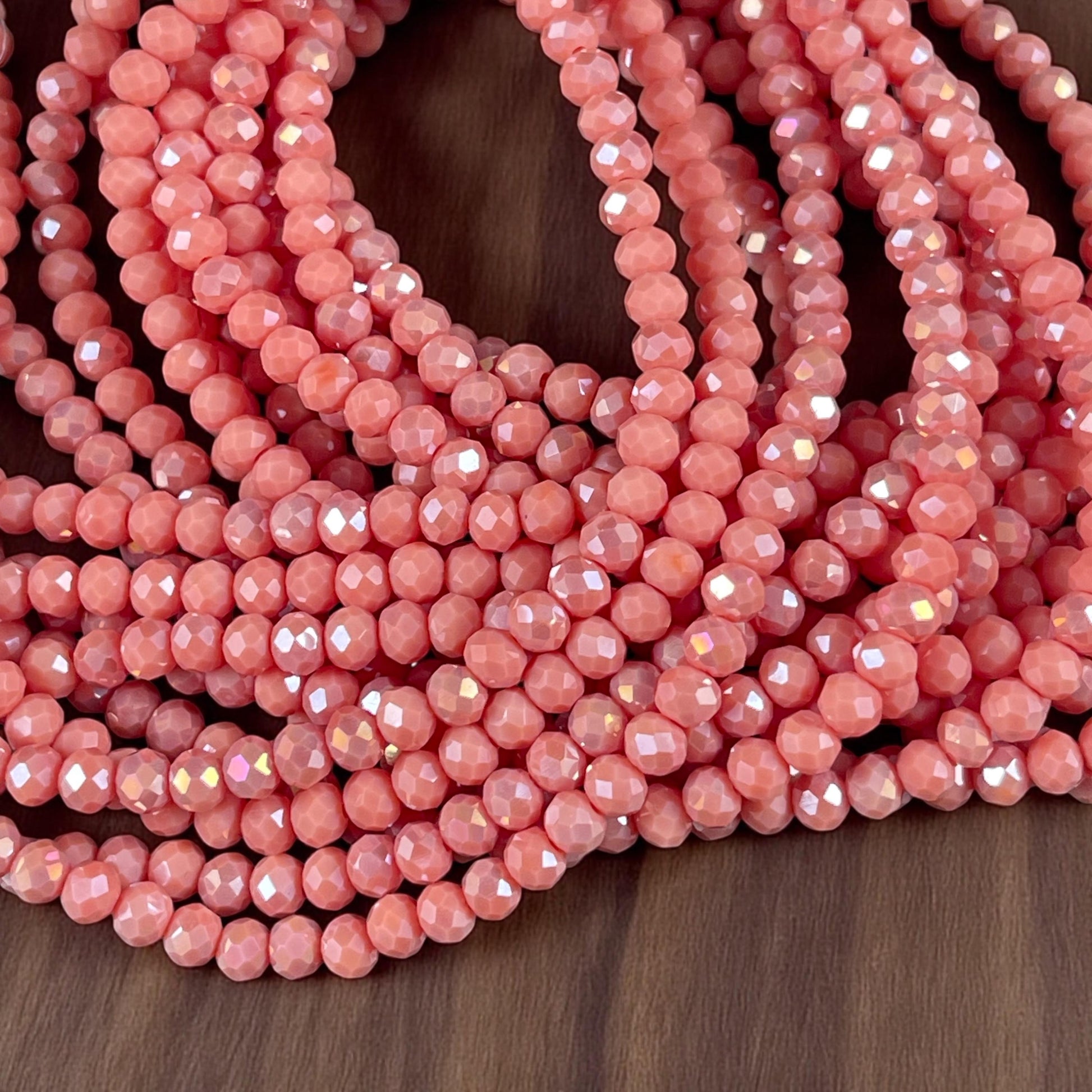 Light Salmon 4x3mm Faceted Glass Beads, Pinkish Orange Glass Beads with AB Finish (Salmon-4) * 100 Beads