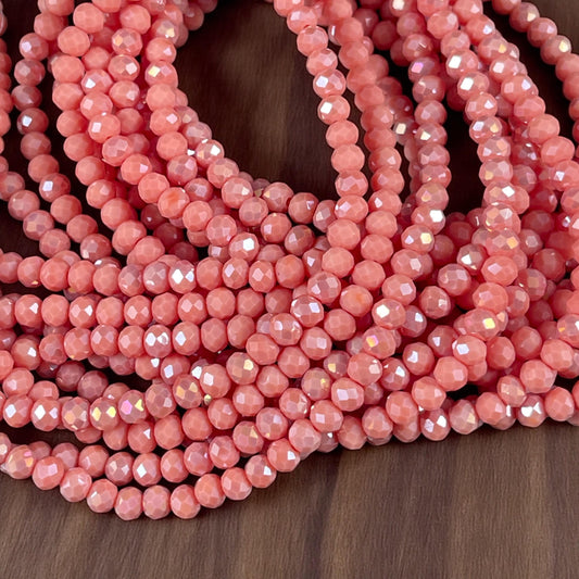 Light Salmon 4x3mm Faceted Glass Beads, Pinkish Orange Glass Beads with AB Finish (Salmon-4) * 100 Beads