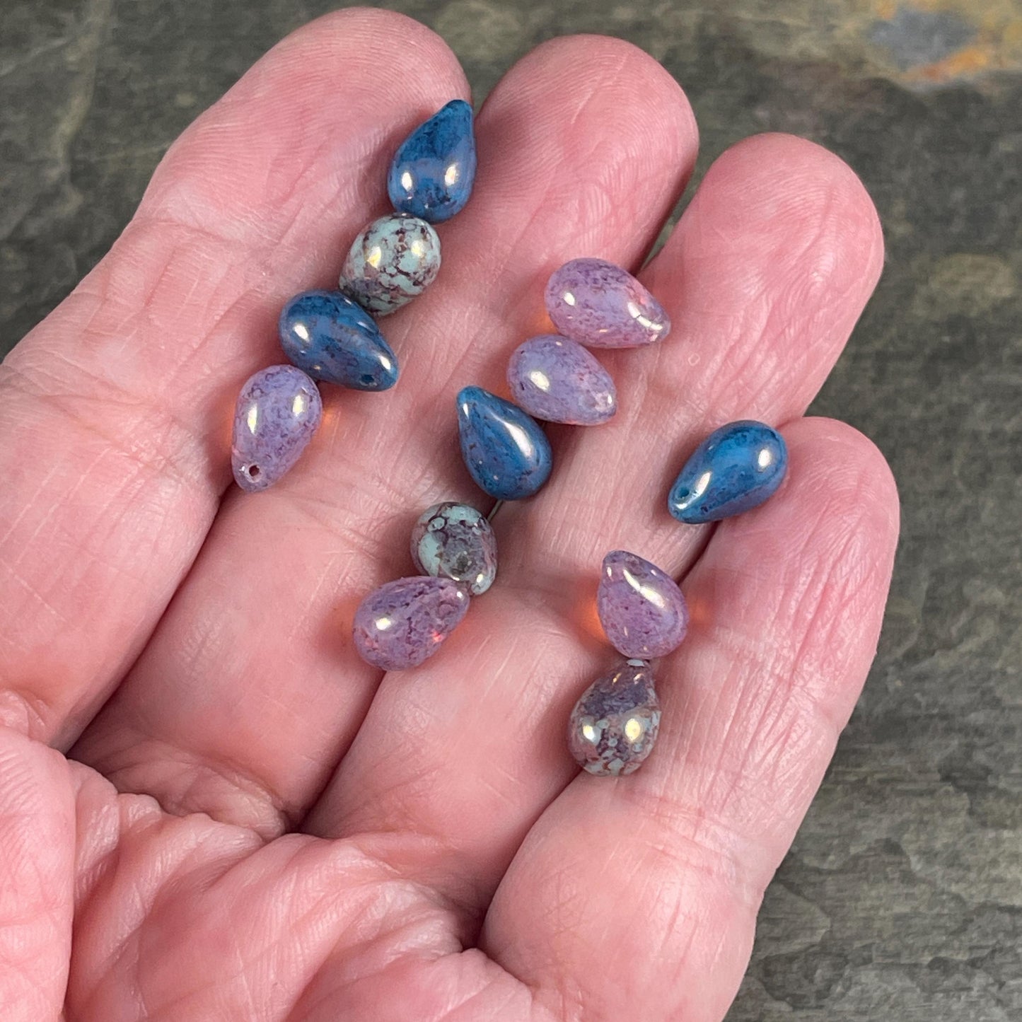 Czech Glass Beads - 6x9mm Tri-Color Mix of Briolette Teardrop Beads, Purple and Blue Beads (DRO/N-0072) * Qty. 25