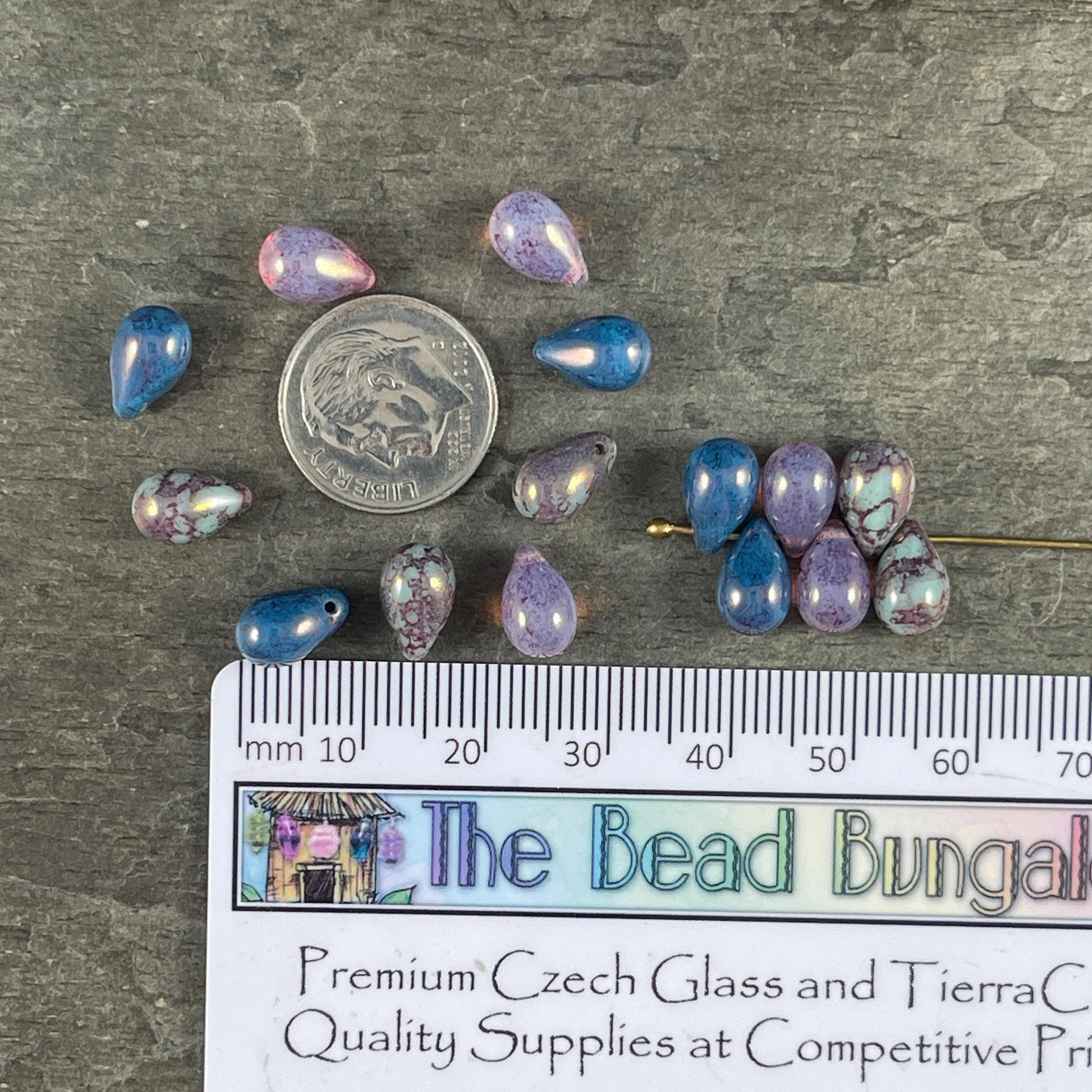 Czech Glass Beads - 6x9mm Tri-Color Mix of Briolette Teardrop Beads, Purple and Blue Beads (DRO/N-0072) * Qty. 25