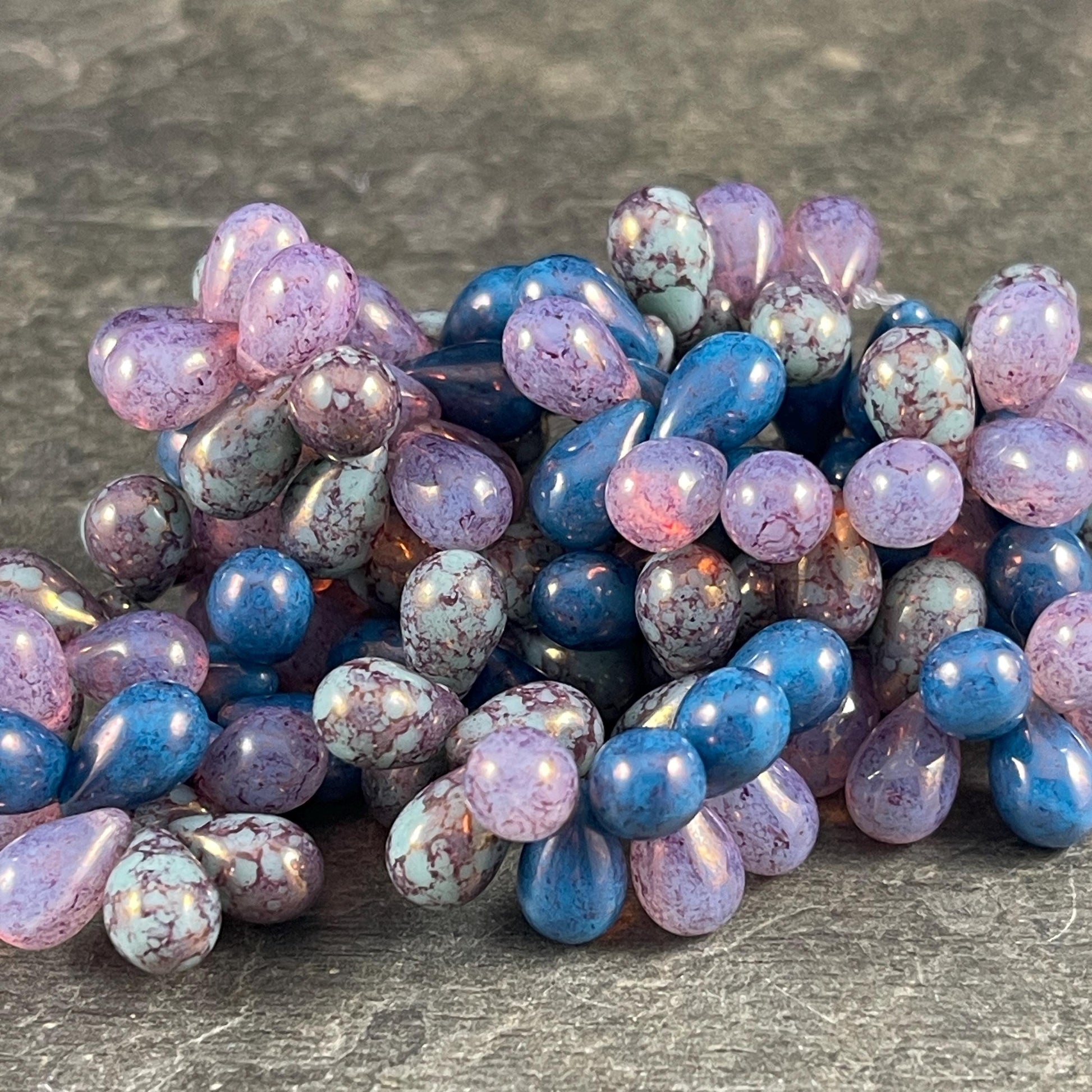 Czech Glass Beads - 6x9mm Tri-Color Mix of Briolette Teardrop Beads, Purple and Blue Beads (DRO/N-0072) * Qty. 25