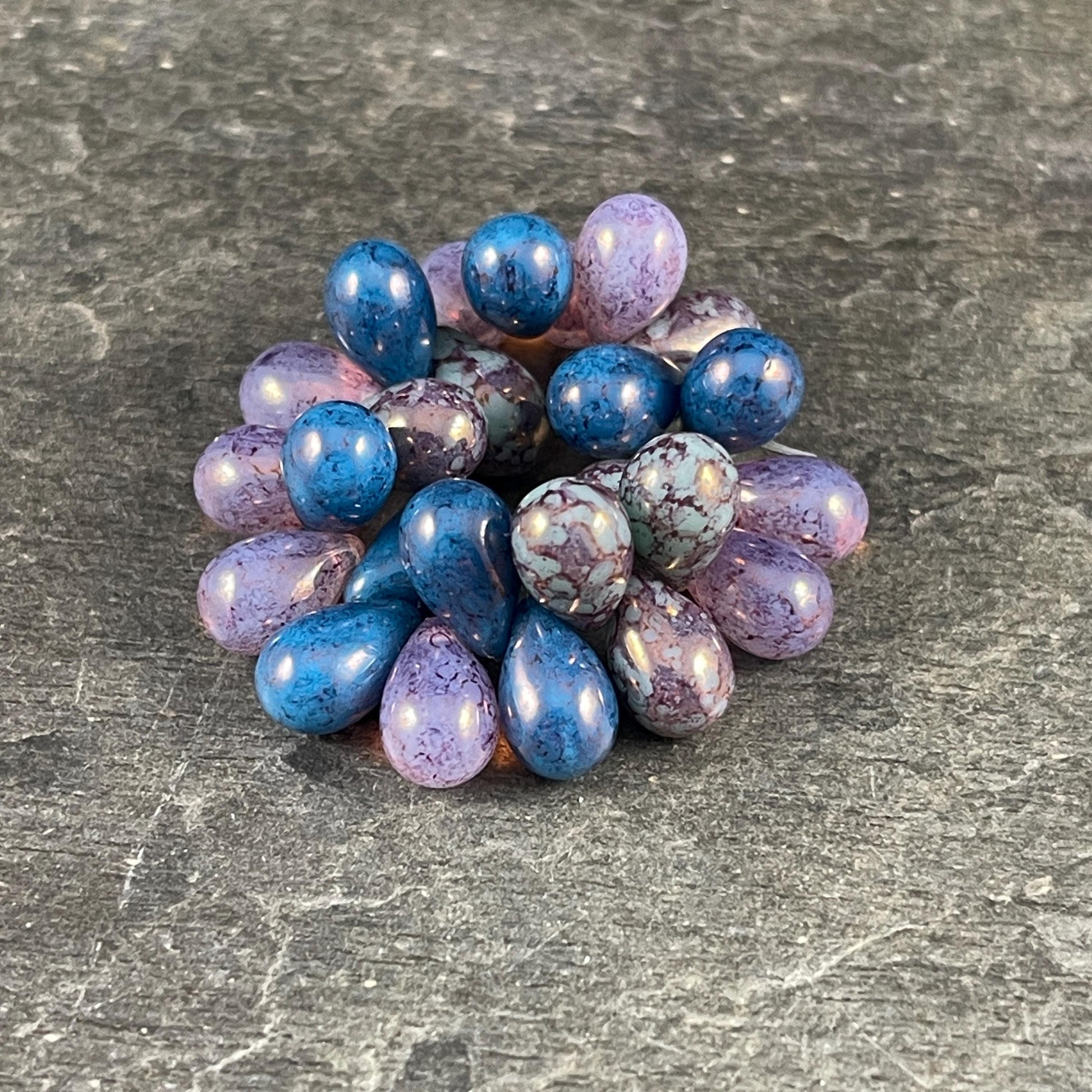 Czech Glass Beads - 6x9mm Tri-Color Mix of Briolette Teardrop Beads, Purple and Blue Beads (DRO/N-0072) * Qty. 25