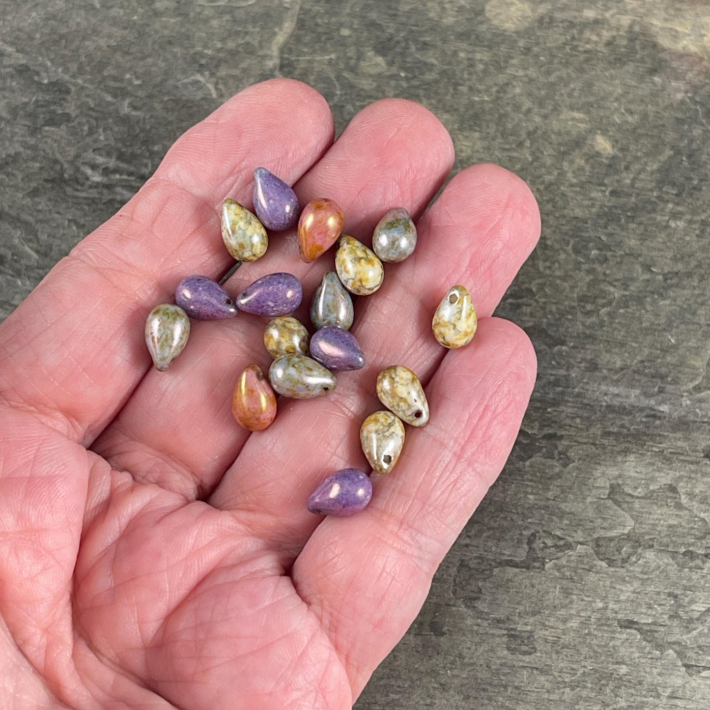 Czech Glass Beads - 6x9mm Colorful Mix of Briolette Teardrop Beads, Purple, Blue Rust and Green Luster (DRO/N-1405) * Qty. 25