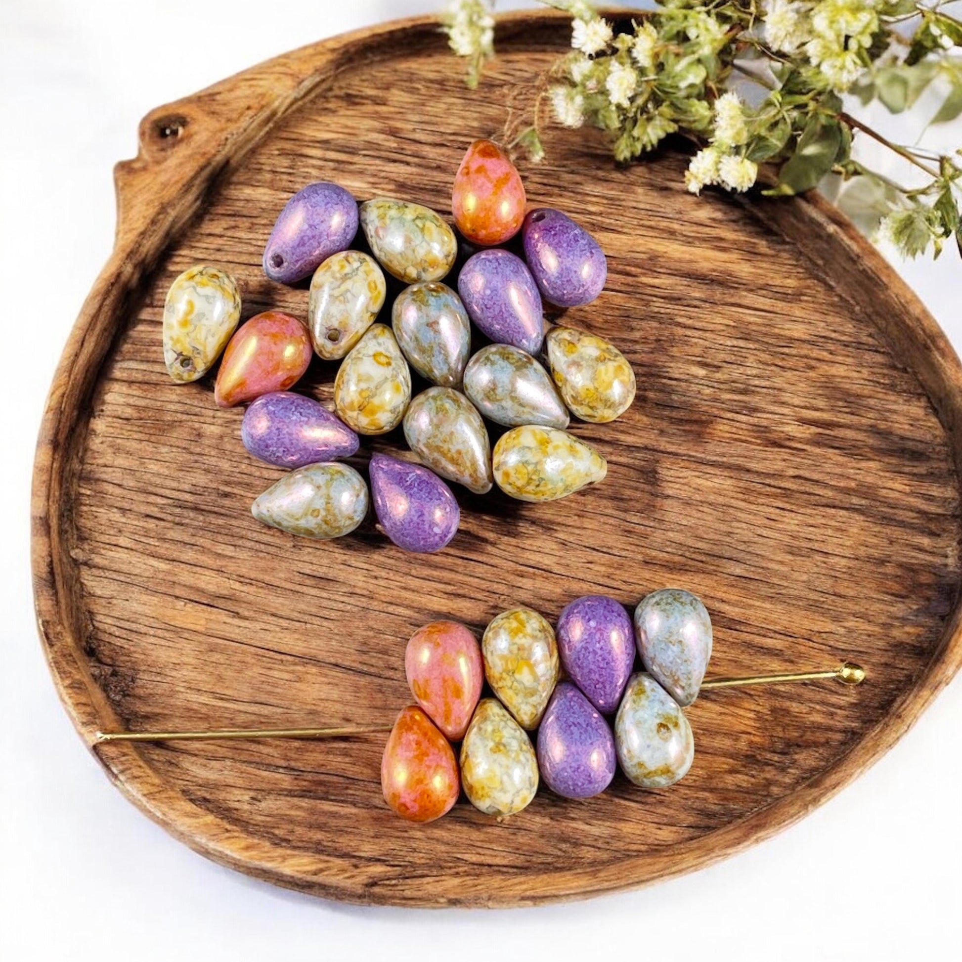 Czech Glass Beads - 6x9mm Colorful Mix of Briolette Teardrop Beads, Purple, Blue Rust and Green Luster (DRO/N-1405) * Qty. 25