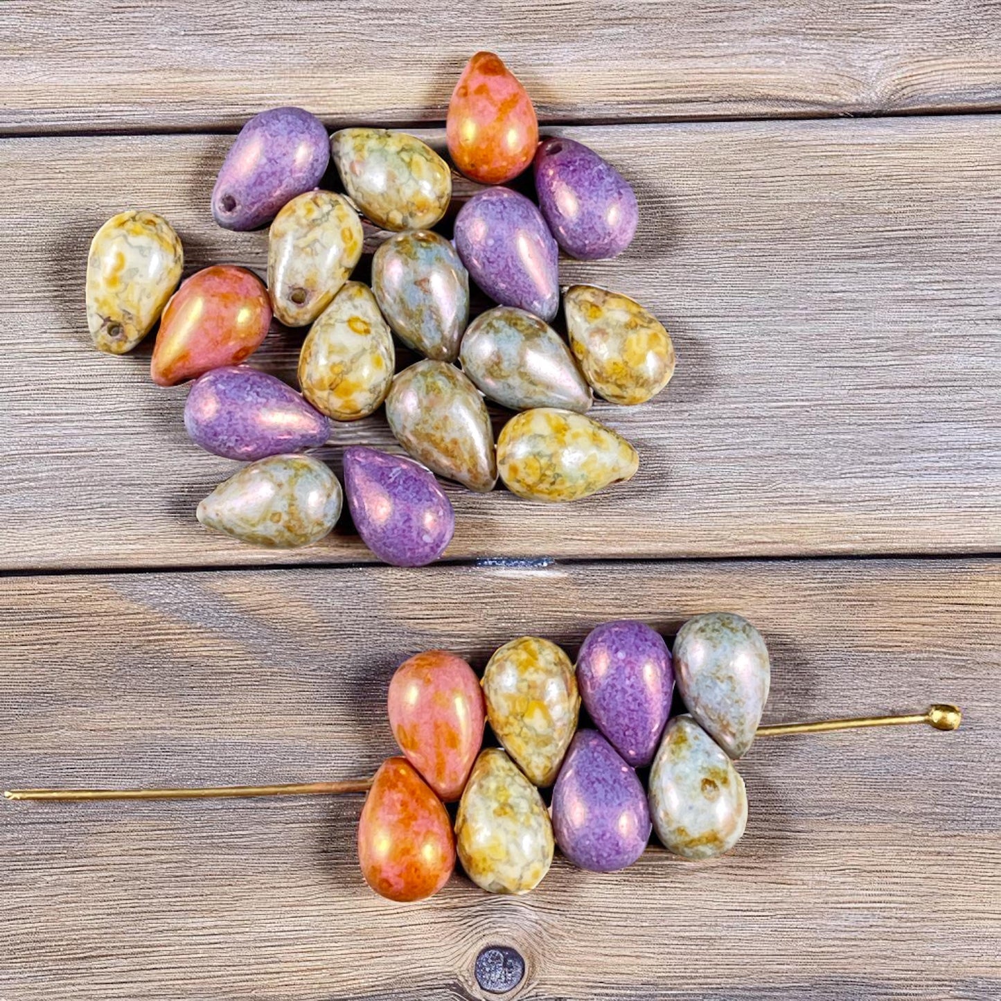 Czech Glass Beads - 6x9mm Colorful Mix of Briolette Teardrop Beads, Purple, Blue Rust and Green Luster (DRO/N-1405) * Qty. 25
