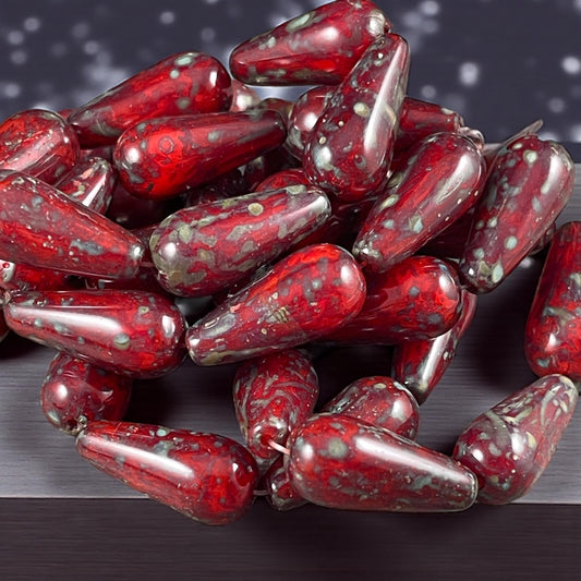 Czech Glass Beads - 20x9mm Elongated Red Picasso Teardrop Beads (DAN/N-1213) * Qty. 6