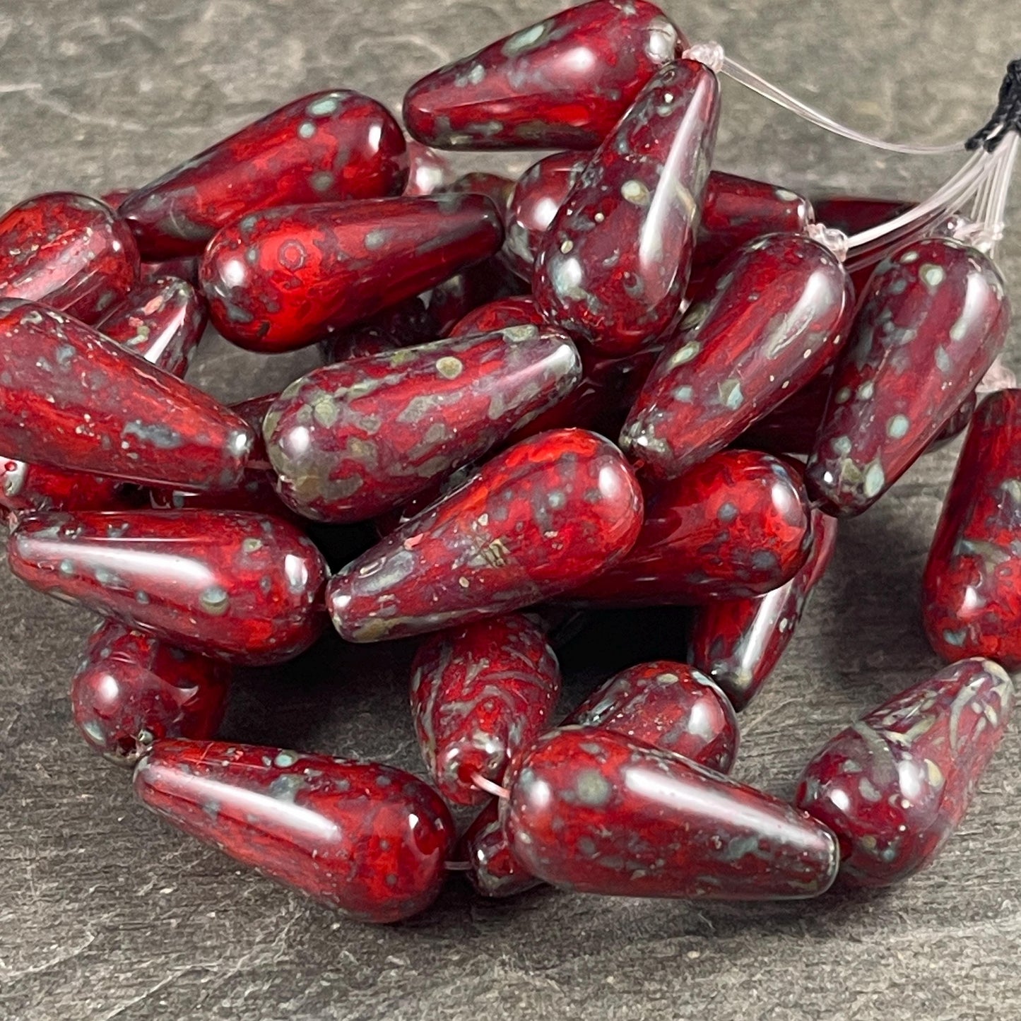 Czech Glass Beads - 20x9mm Elongated Red Picasso Teardrop Beads (DAN/N-1213) * Qty. 6