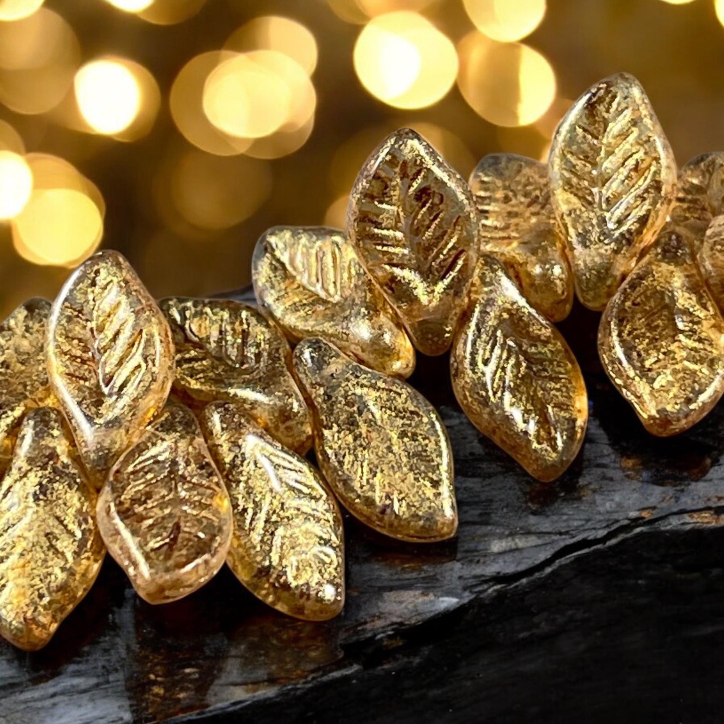Czech Glass Beads - 12x6mm Briolette Leaf Bead, Transparent Picasso with Gold Finish (Bay7) * 20 Beads