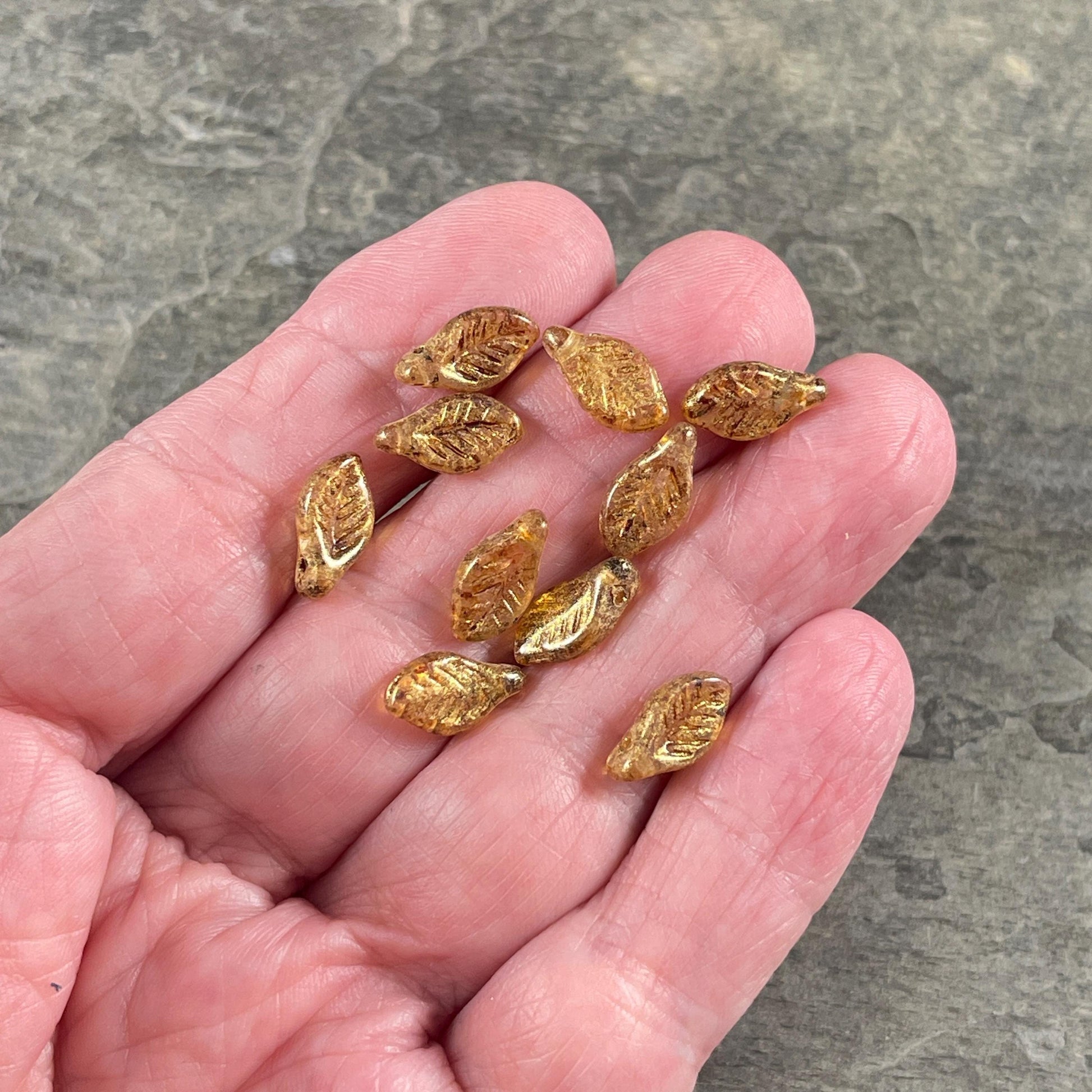 Czech Glass Beads - 12x6mm Briolette Leaf Bead, Transparent Picasso with Gold Finish (Bay7) * 20 Beads