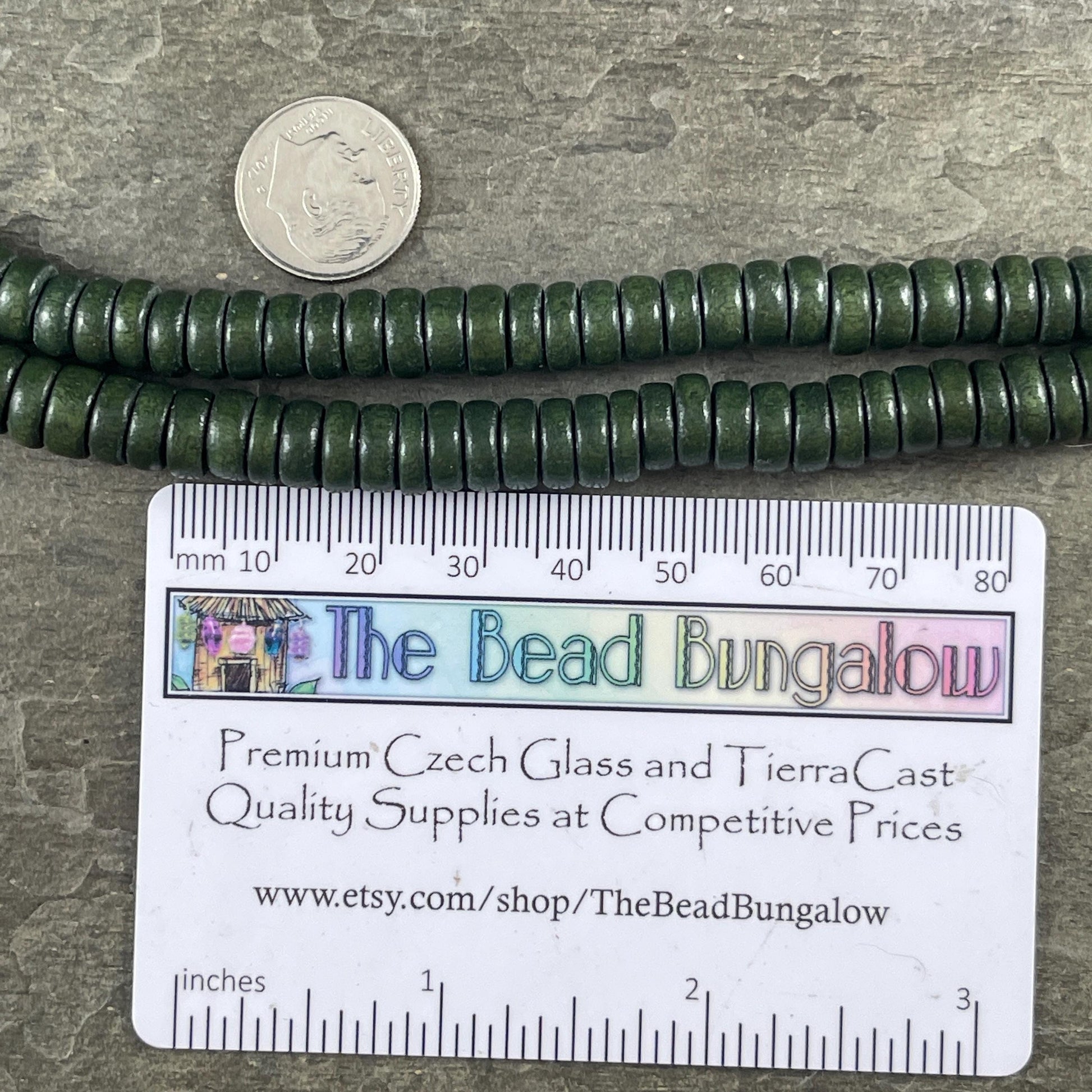 Dark Green Wooden Beads, 8mm Dark Forest Green Rondelle Beads (9588) * 16" Strand