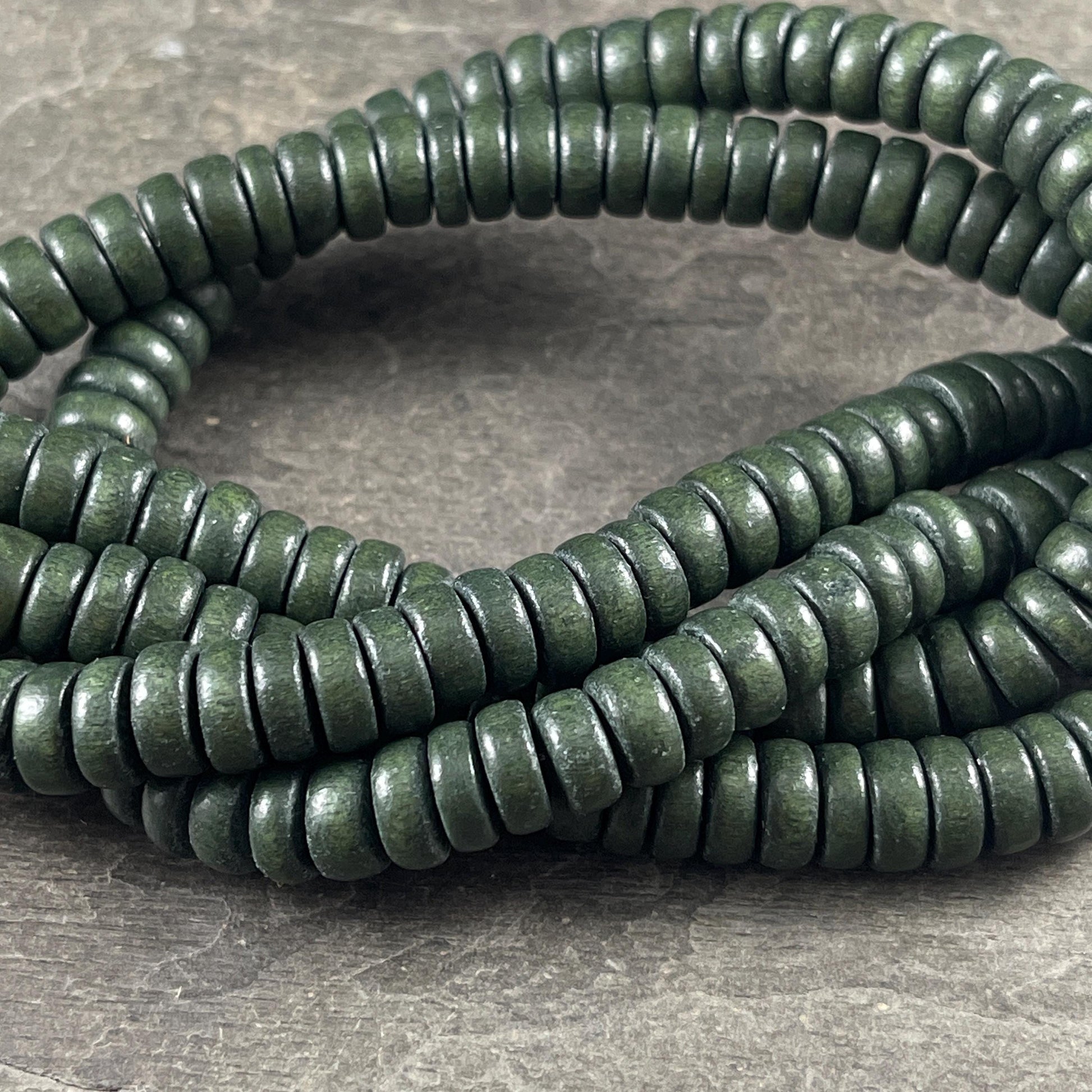 Dark Green Wooden Beads, 8mm Dark Forest Green Rondelle Beads (9588) * 16" Strand
