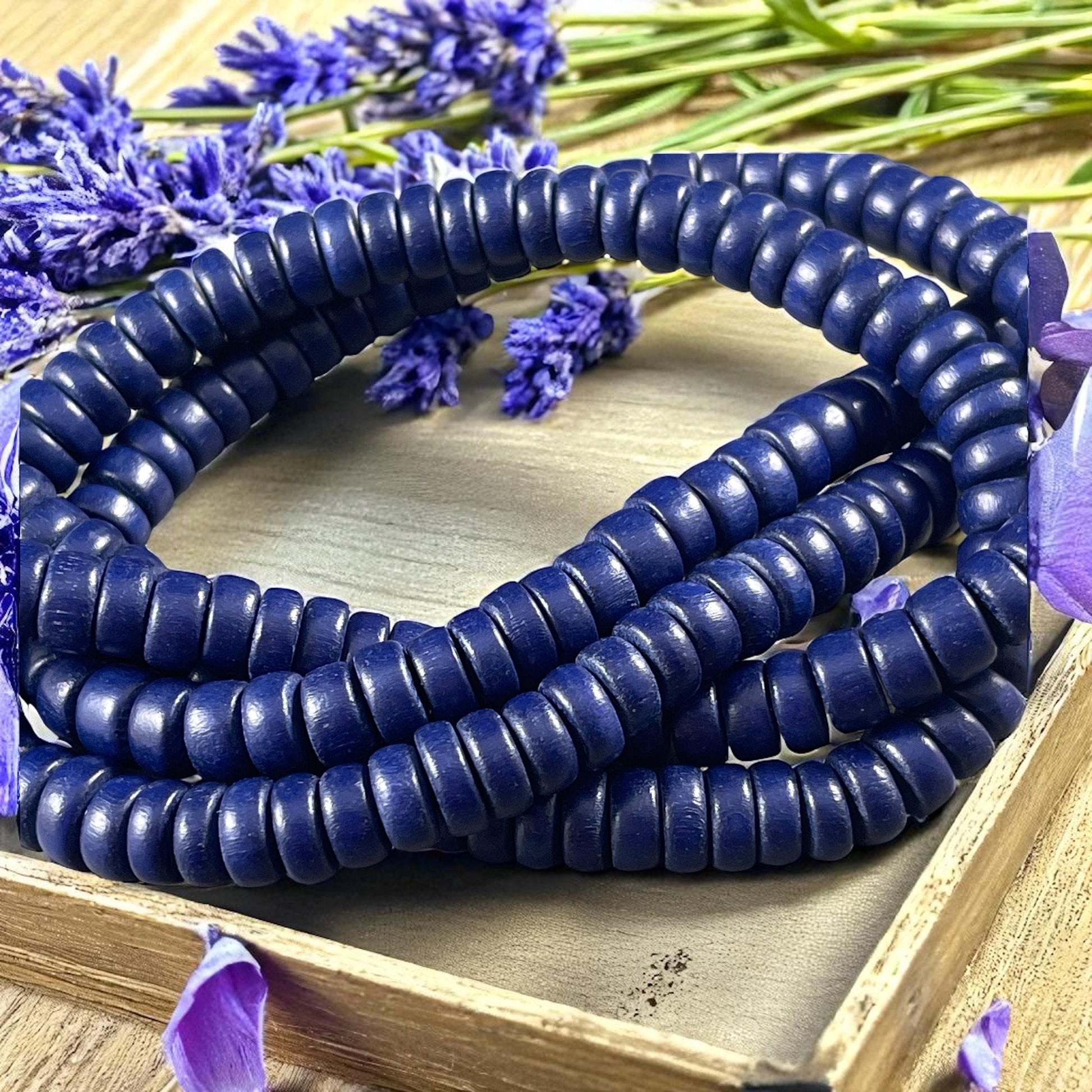 Navy Blue Wooden Beads, 8mm Dark Blue Rondelle Beads (9580) * 16" Strand