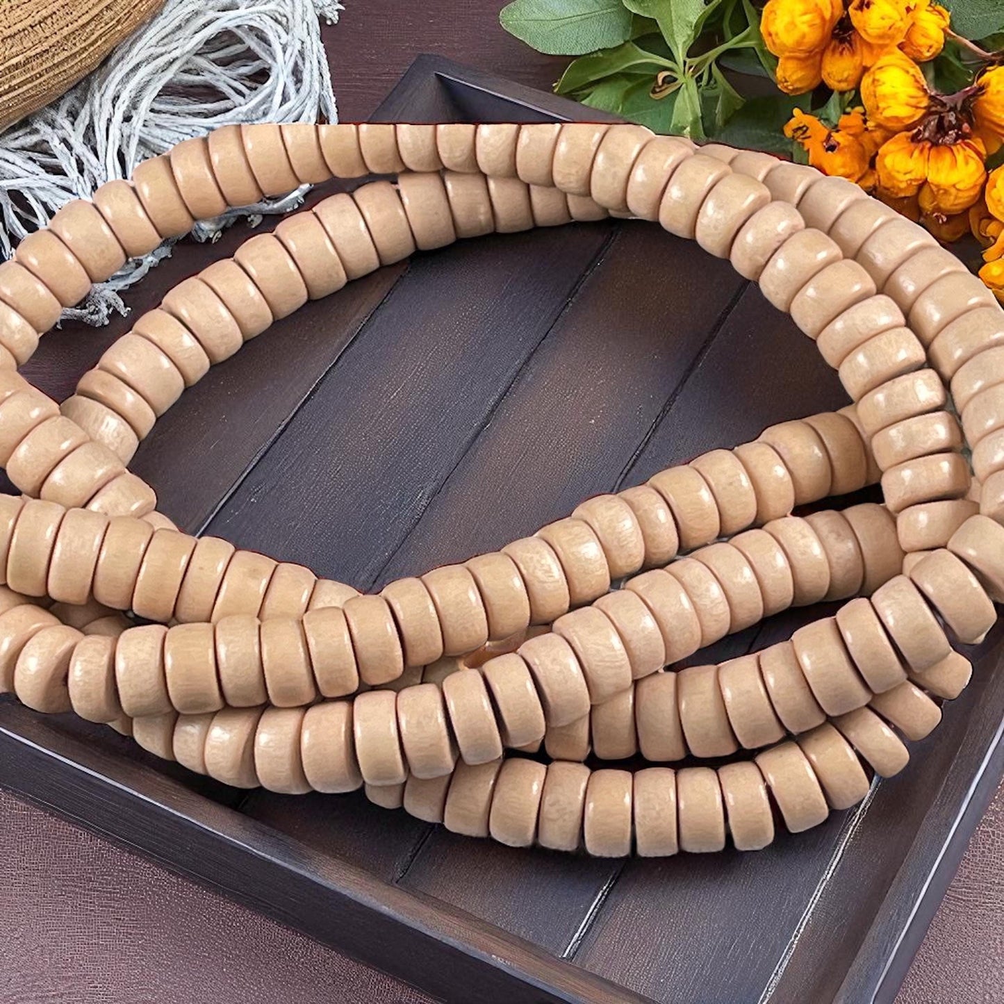 Pale Peach Wooden Beads, 8mm Light Tan Rondelle Beads (2672) * 16" Strand