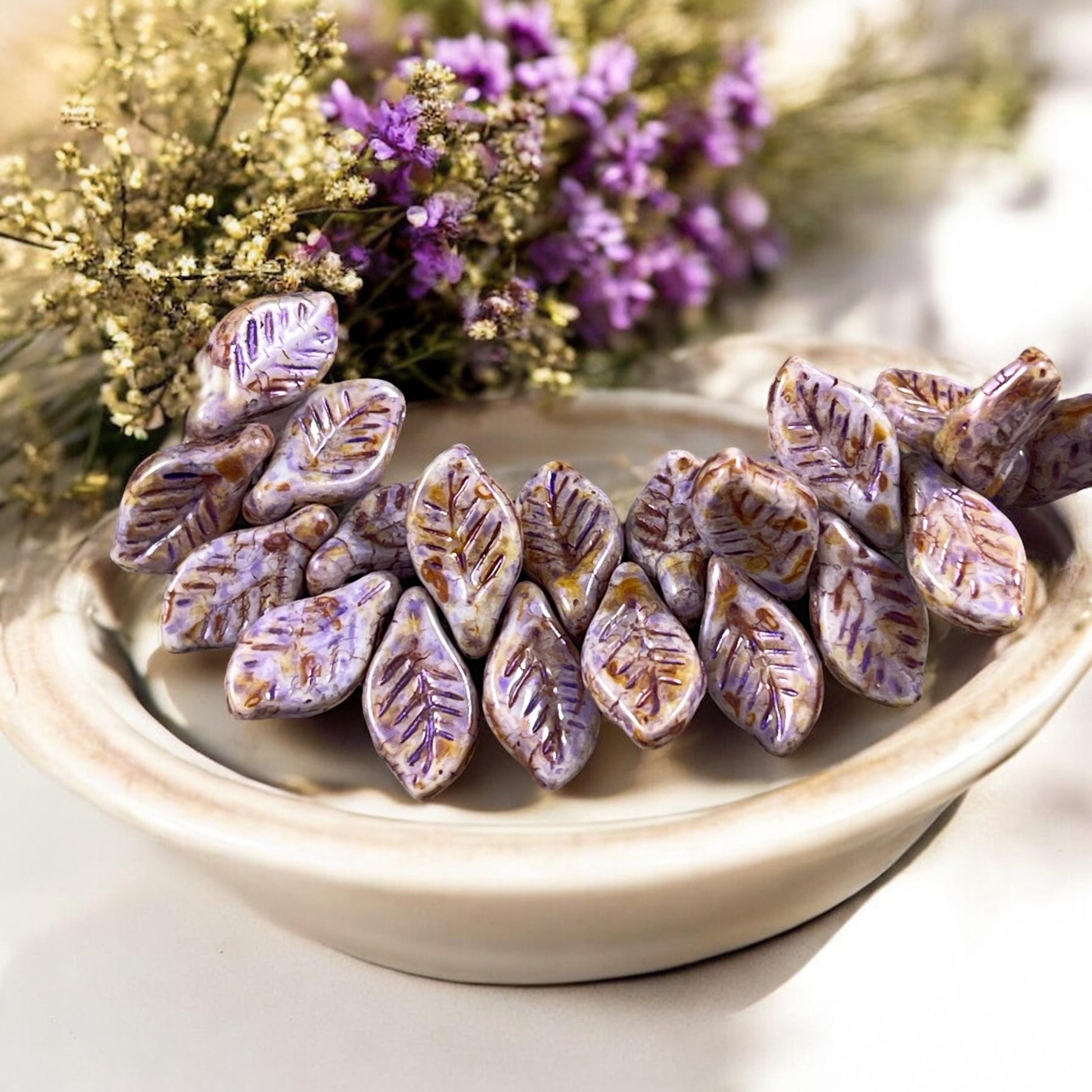 Czech Glass Beads - 12x6mm Briolette Leaf Bead, Alabaster with Lavender and Travertine Picasso (Bay9) * 20 Beads
