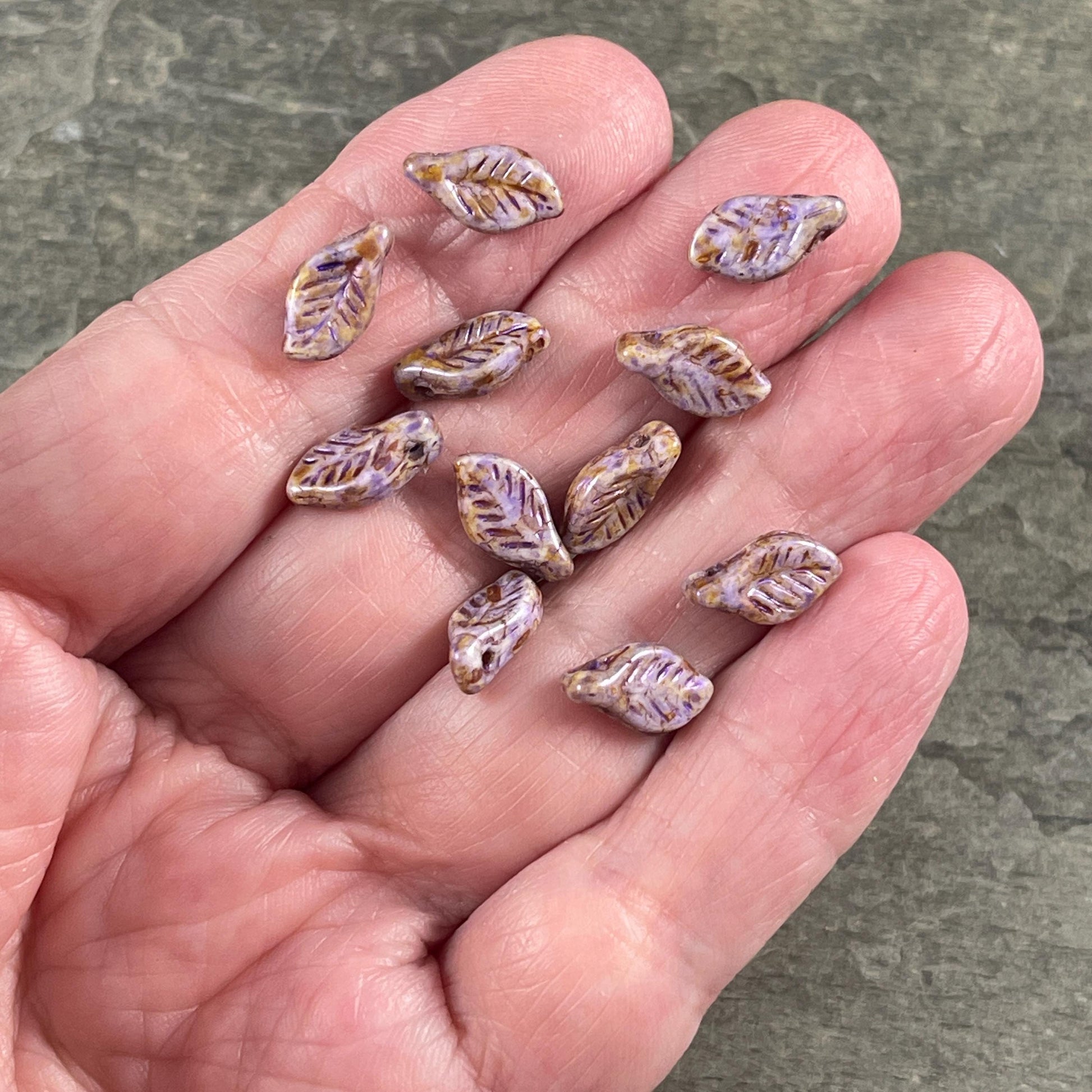 Czech Glass Beads - 12x6mm Briolette Leaf Bead, Alabaster with Lavender and Travertine Picasso (Bay9) * 20 Beads