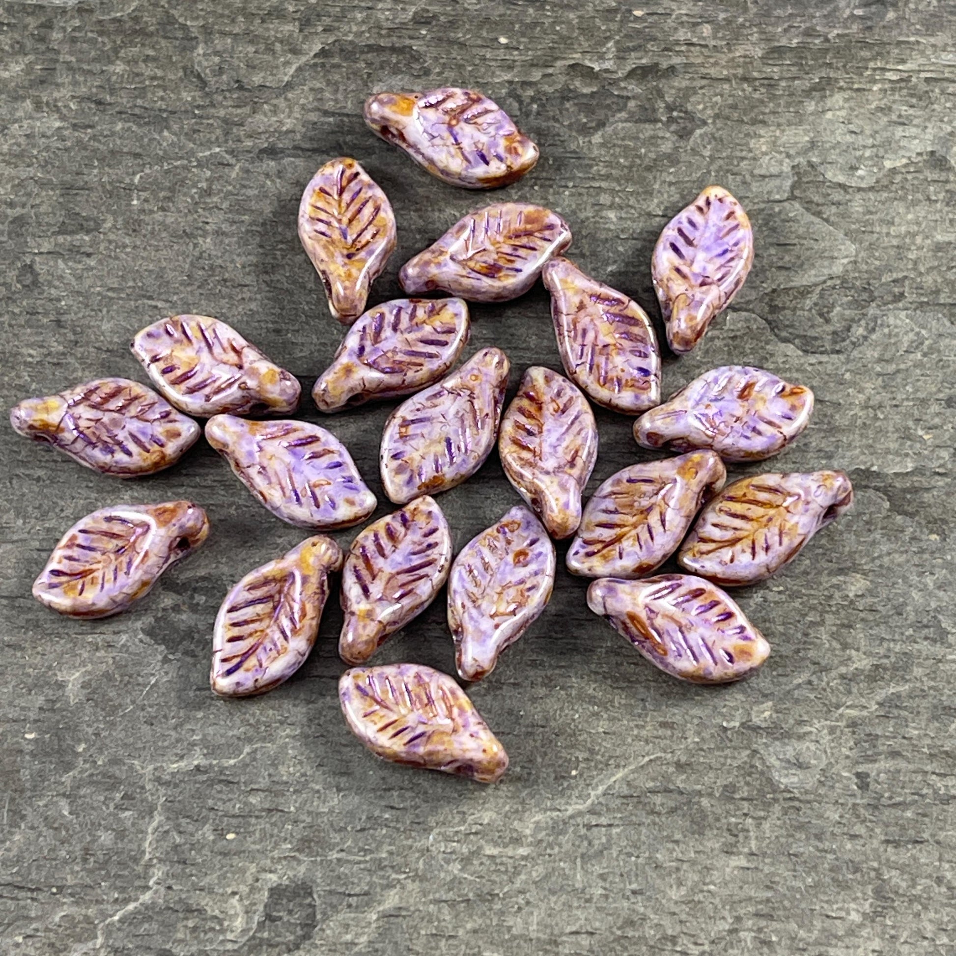 Czech Glass Beads - 12x6mm Briolette Leaf Bead, Alabaster with Lavender and Travertine Picasso (Bay9) * 20 Beads