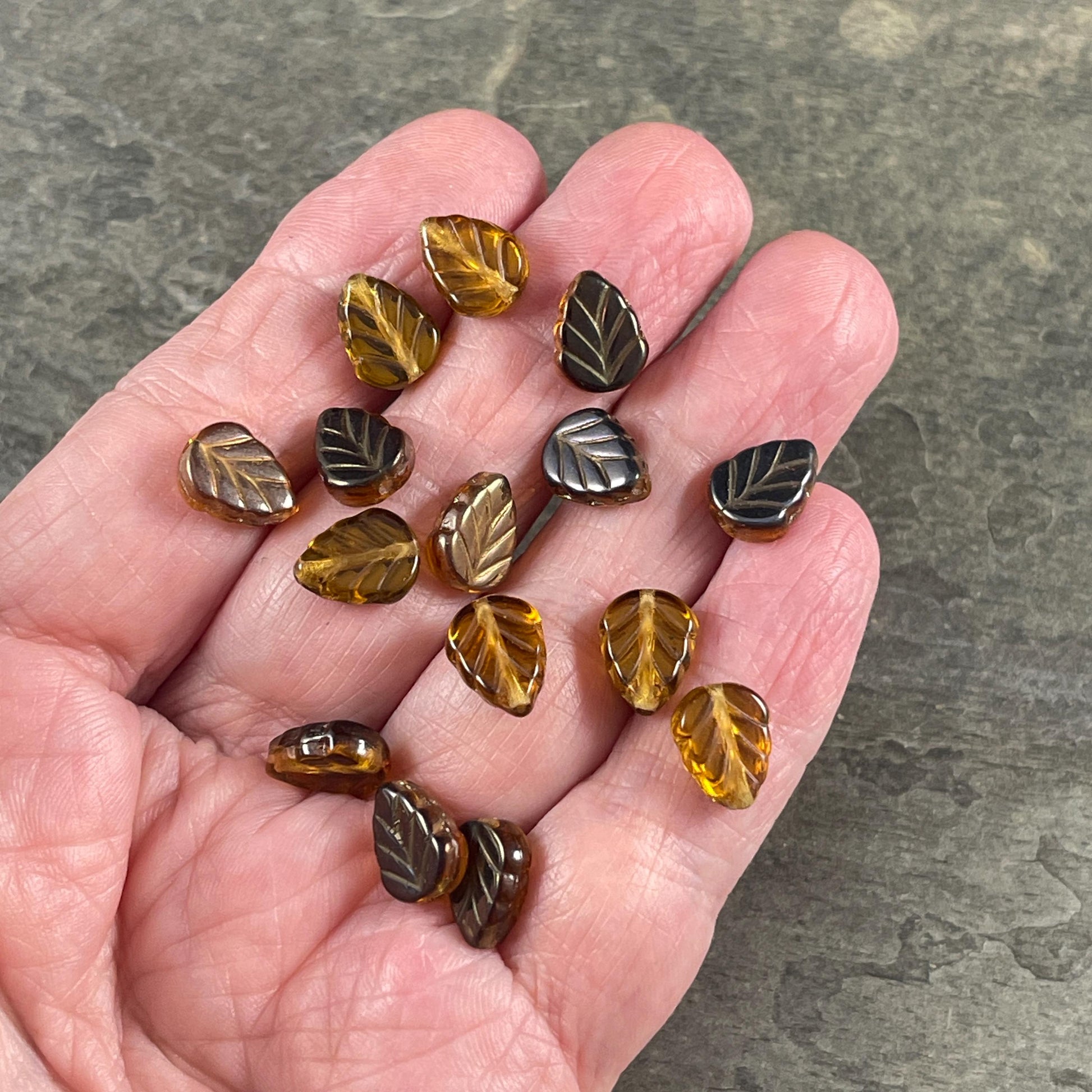 10x8mm Brown Czech Glass Leaf Beads, Honey Gold Leaf with Metallic Gold and Bronze Half Coat (Mint18) * Qty. 16