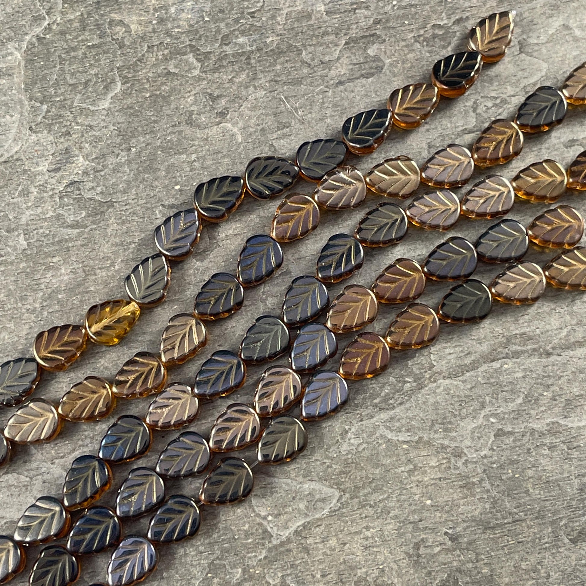 10x8mm Brown Czech Glass Leaf Beads, Honey Gold Leaf with Metallic Gold and Bronze Half Coat (Mint18) * Qty. 16