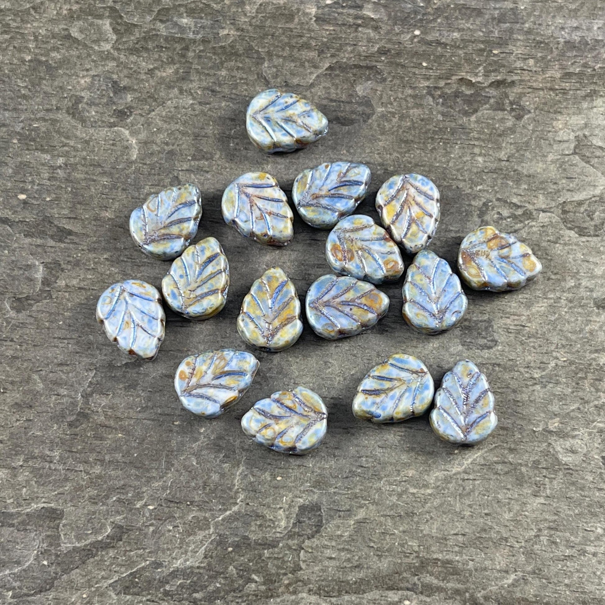 Czech Glass Beads - Alabaster Blue Sage Picasso 10x8mm Center Drilled Mint Leaf Bead (Mint28) * Qty. 16