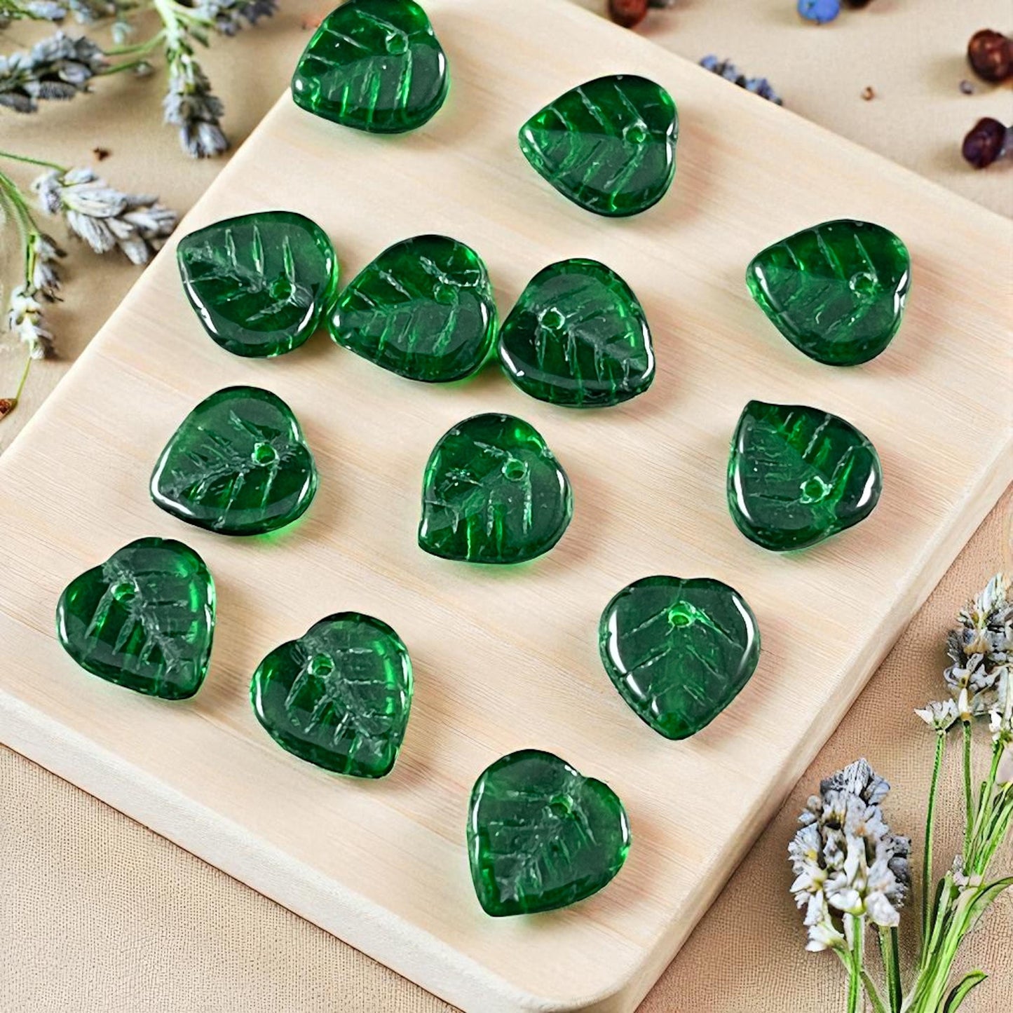 Green Czech Glass Beads, 9mm Top Drilled Emerald Green Heart Shaped Beads (2714MD) * Qty. 50
