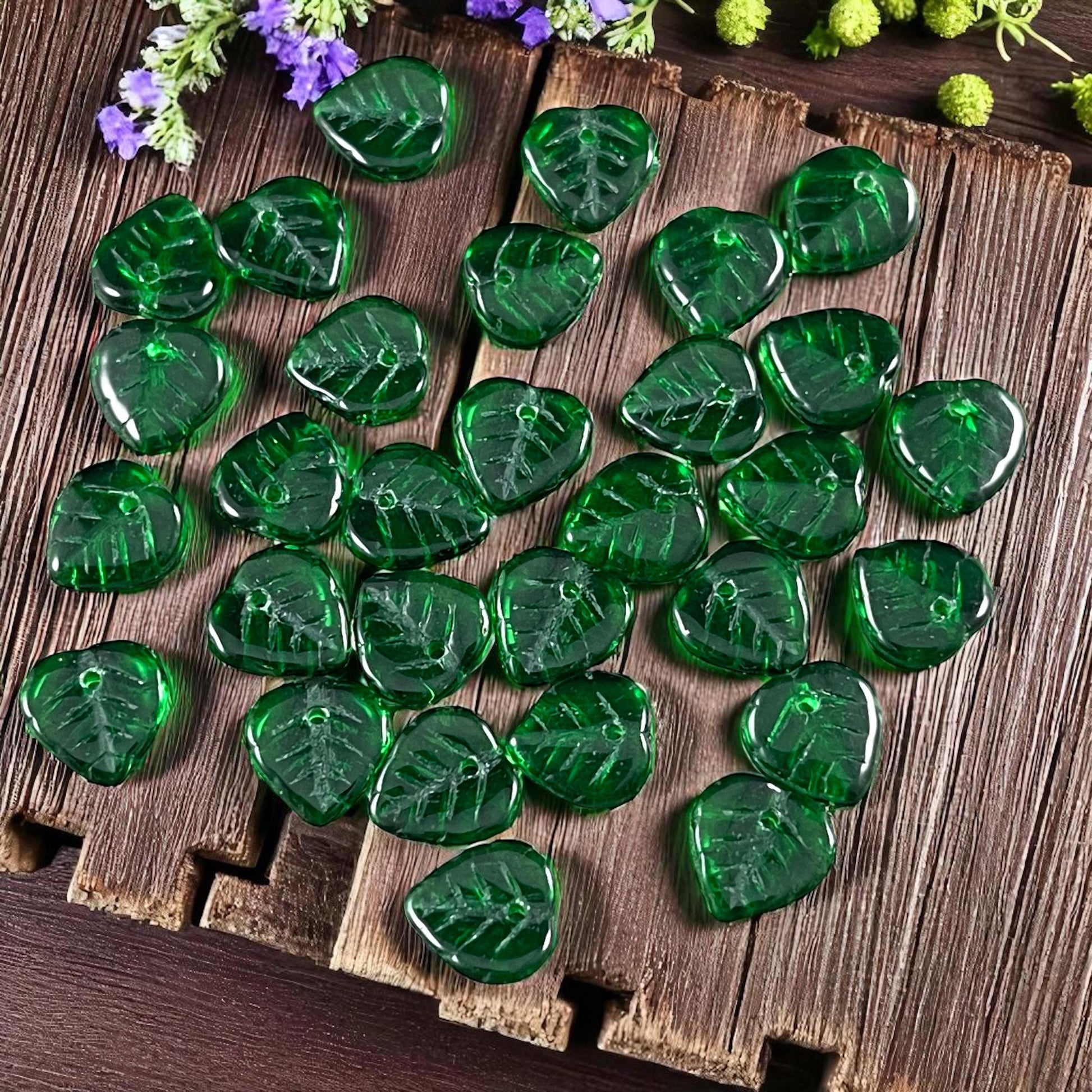 Green Czech Glass Beads, 9mm Top Drilled Emerald Green Heart Shaped Beads (2714MD) * Qty. 50